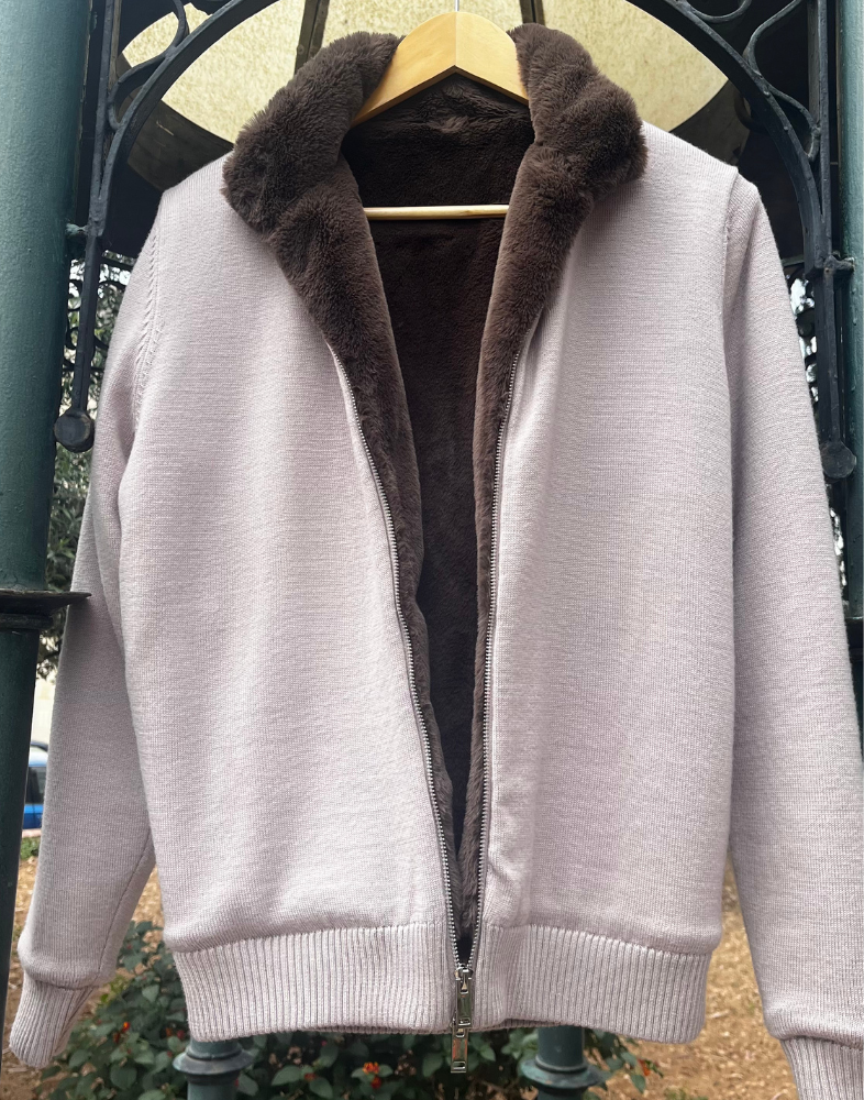 Beige Full Fur Wool Cardigan