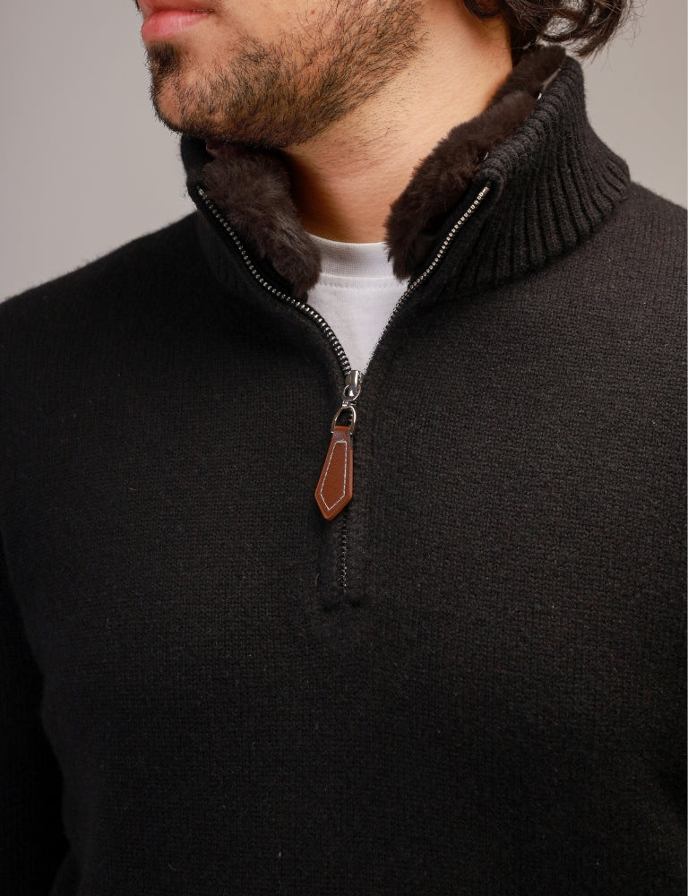 Fur Collar Pullover Black