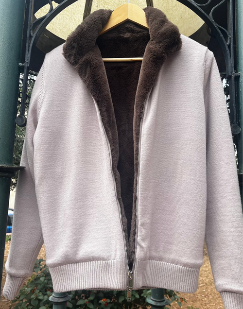 Beige Full Fur Wool Cardigan