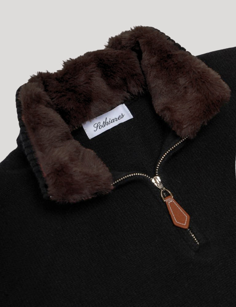 Fur Collar Pullover Black