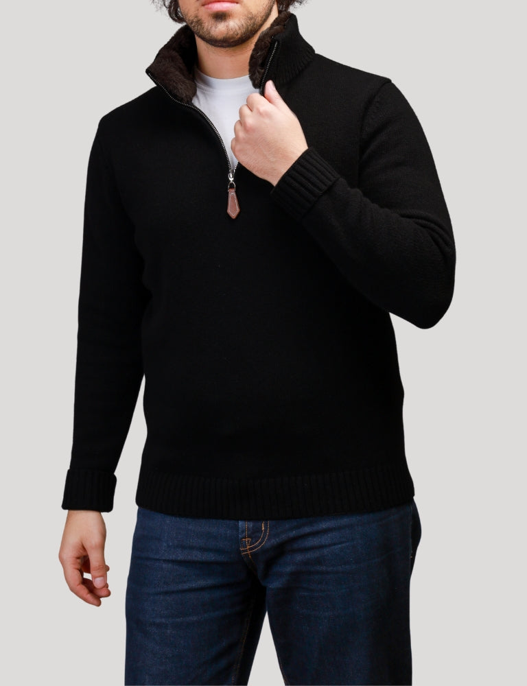 Fur Collar Pullover Black