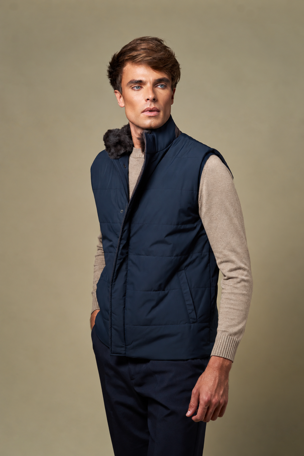 Fur Collar Gilet | Navy