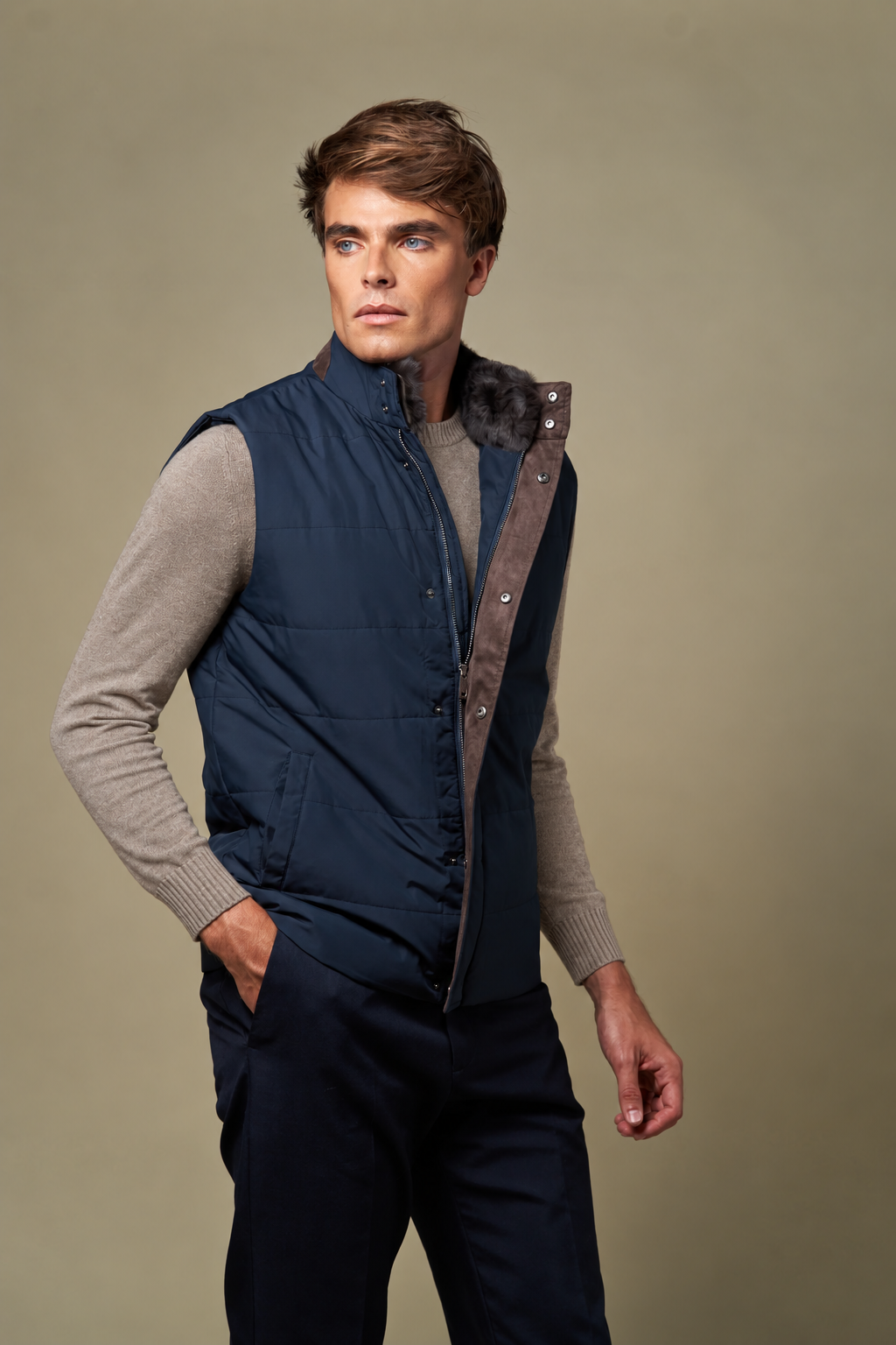 Fur Collar Gilet | Navy