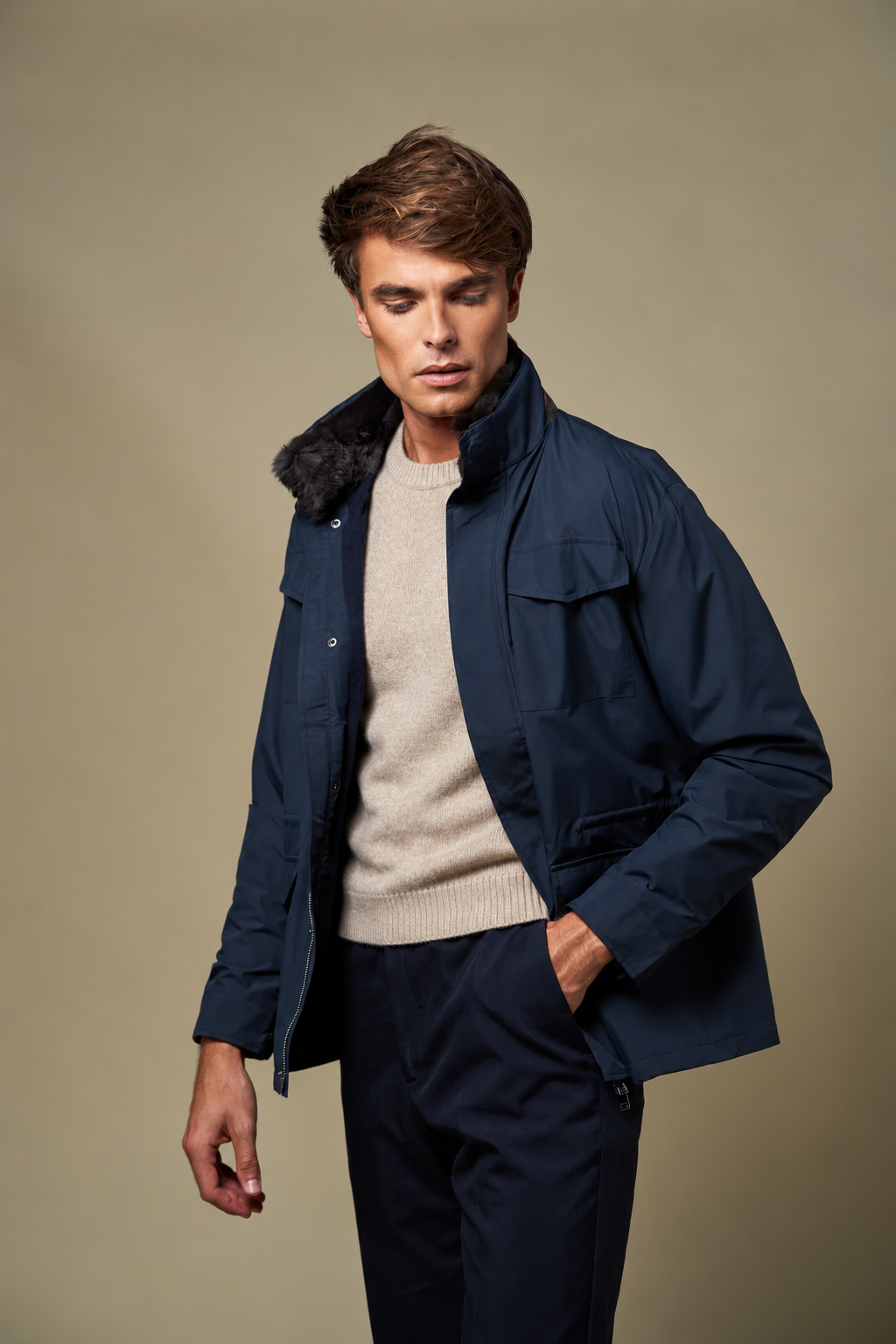 Technical Fur Collar Field Jacket | Navy