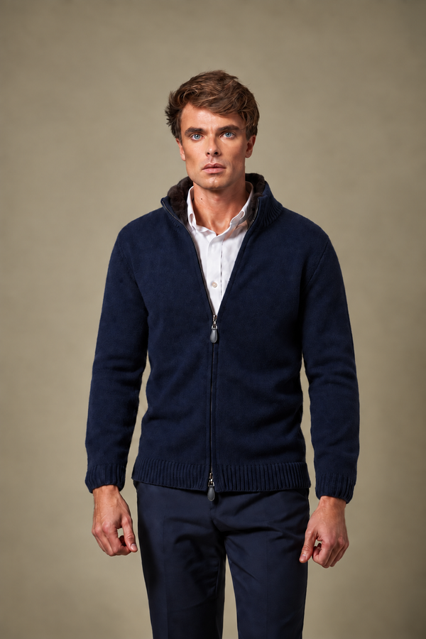 Genuine Fur Collar Cardigan | Navy