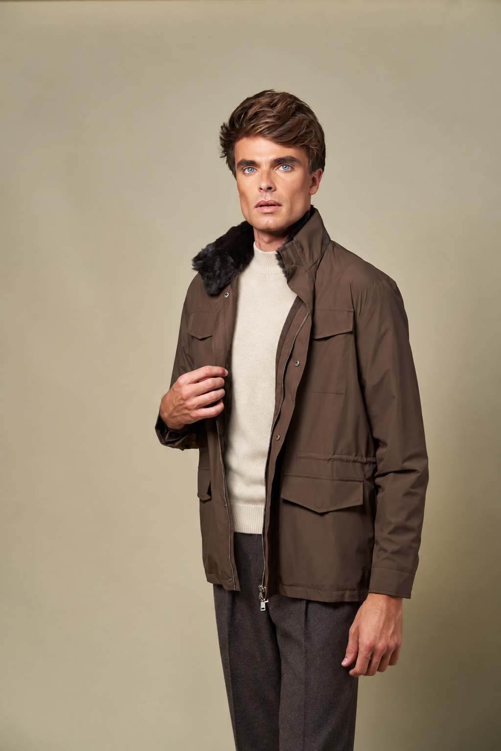 Technical Fur Collar Field Jacket | Brown