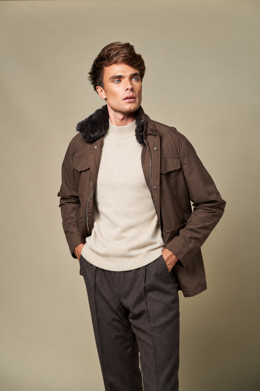 Technical Fur Collar Field Jacket | Brown