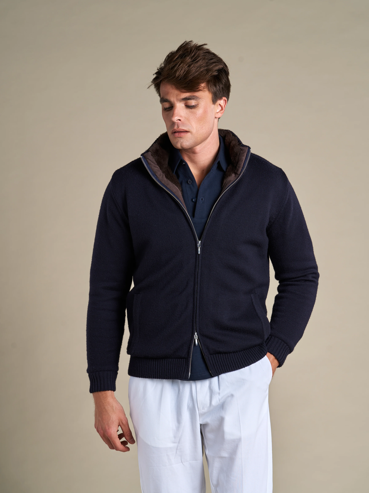 Full Fur Lined Cardigan | Navy