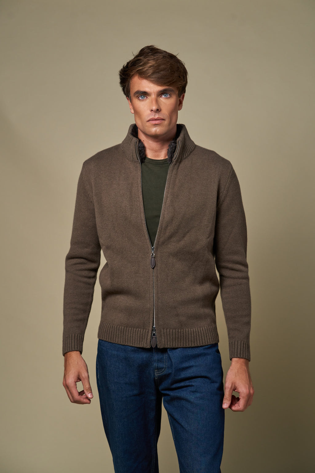 Genuine Fur Collar Cardigan | Tobacco