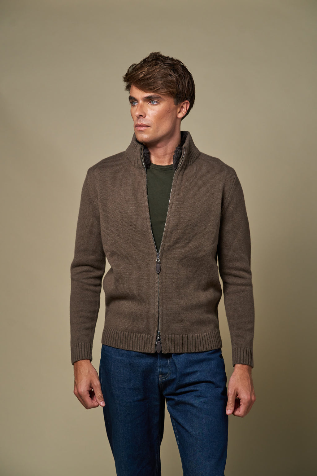 Genuine Fur Collar Cardigan | Tobacco