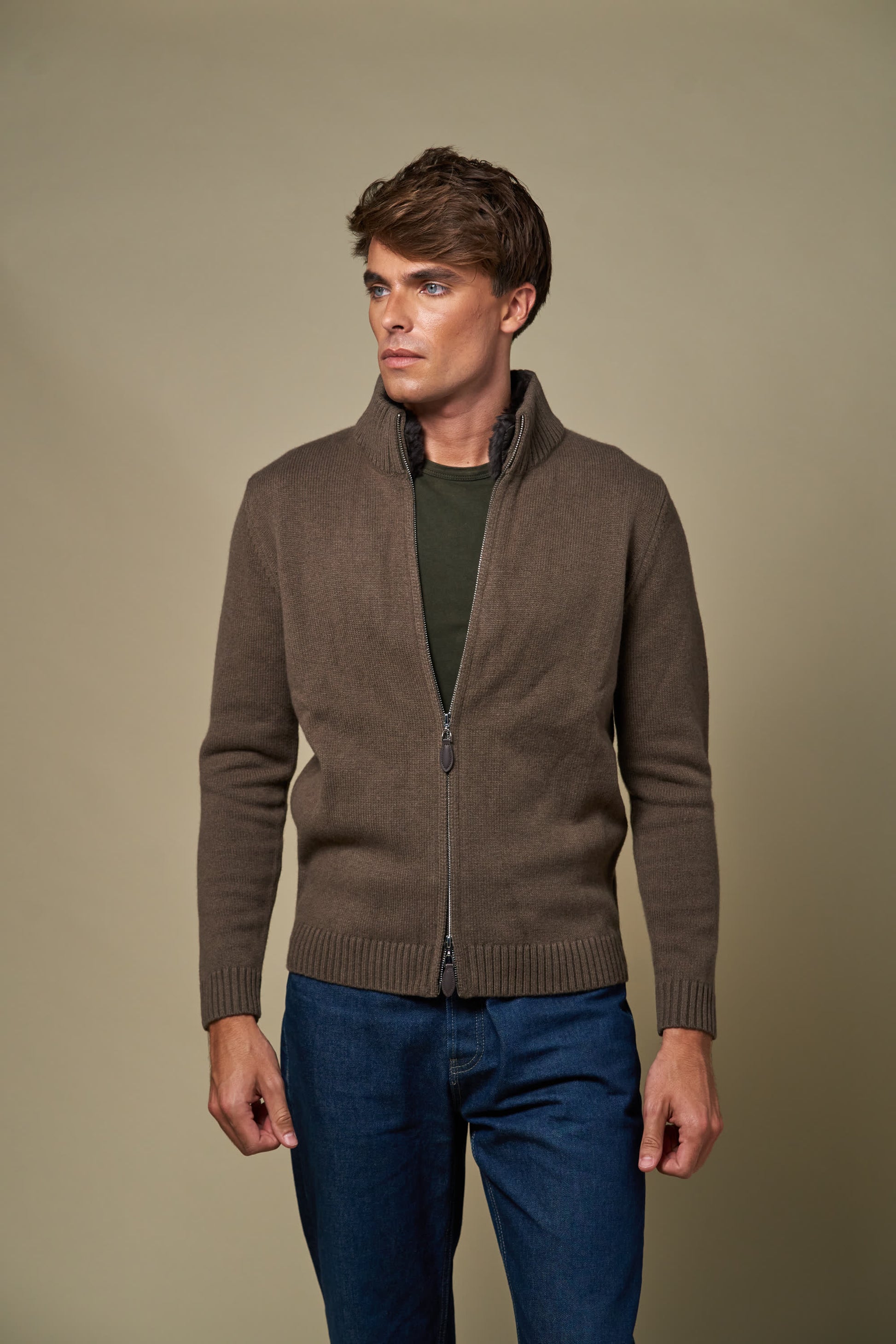 Genuine Fur Collar Cardigan | Tobacco
