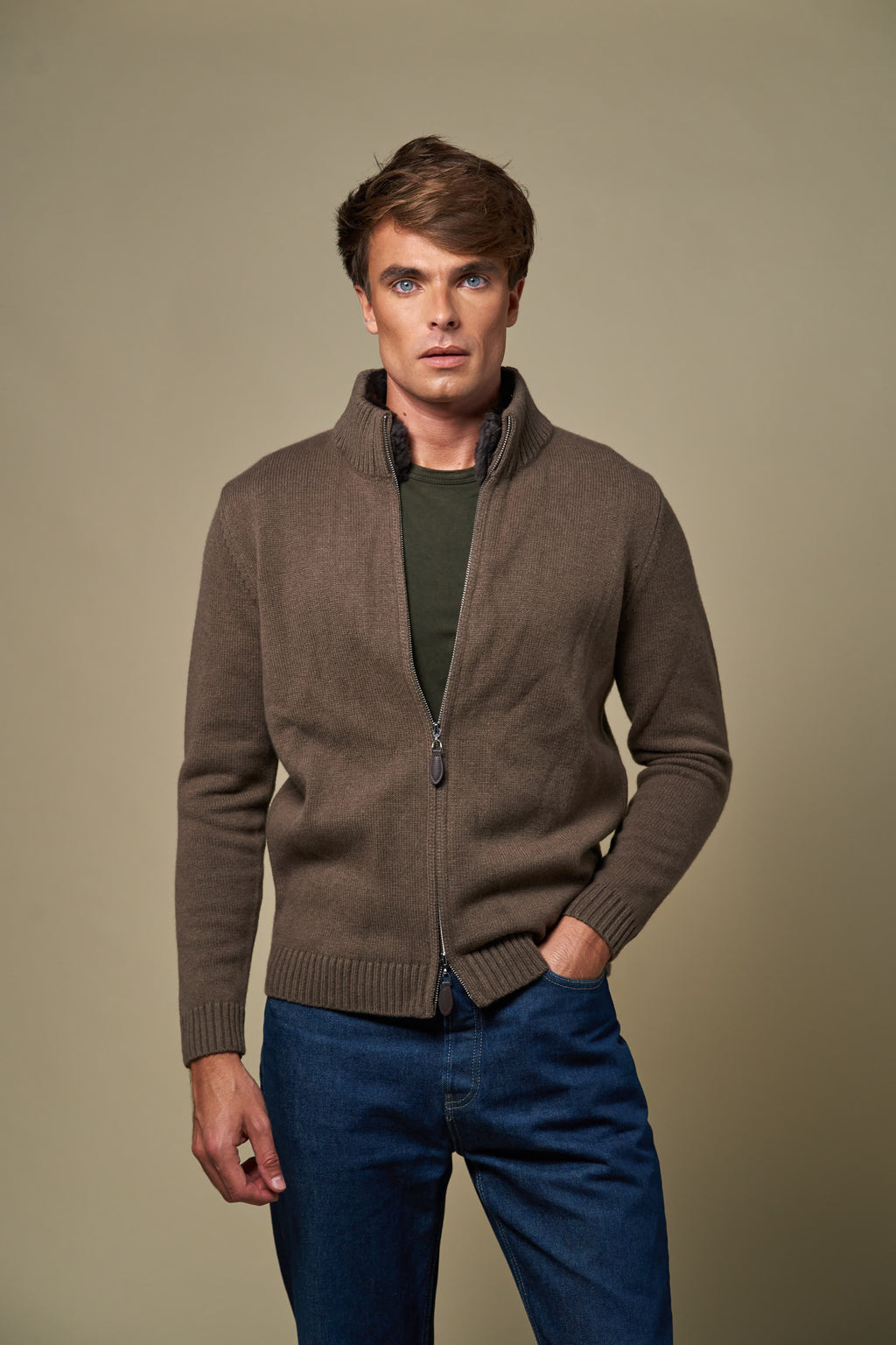 Genuine Fur Collar Cardigan | Tobacco