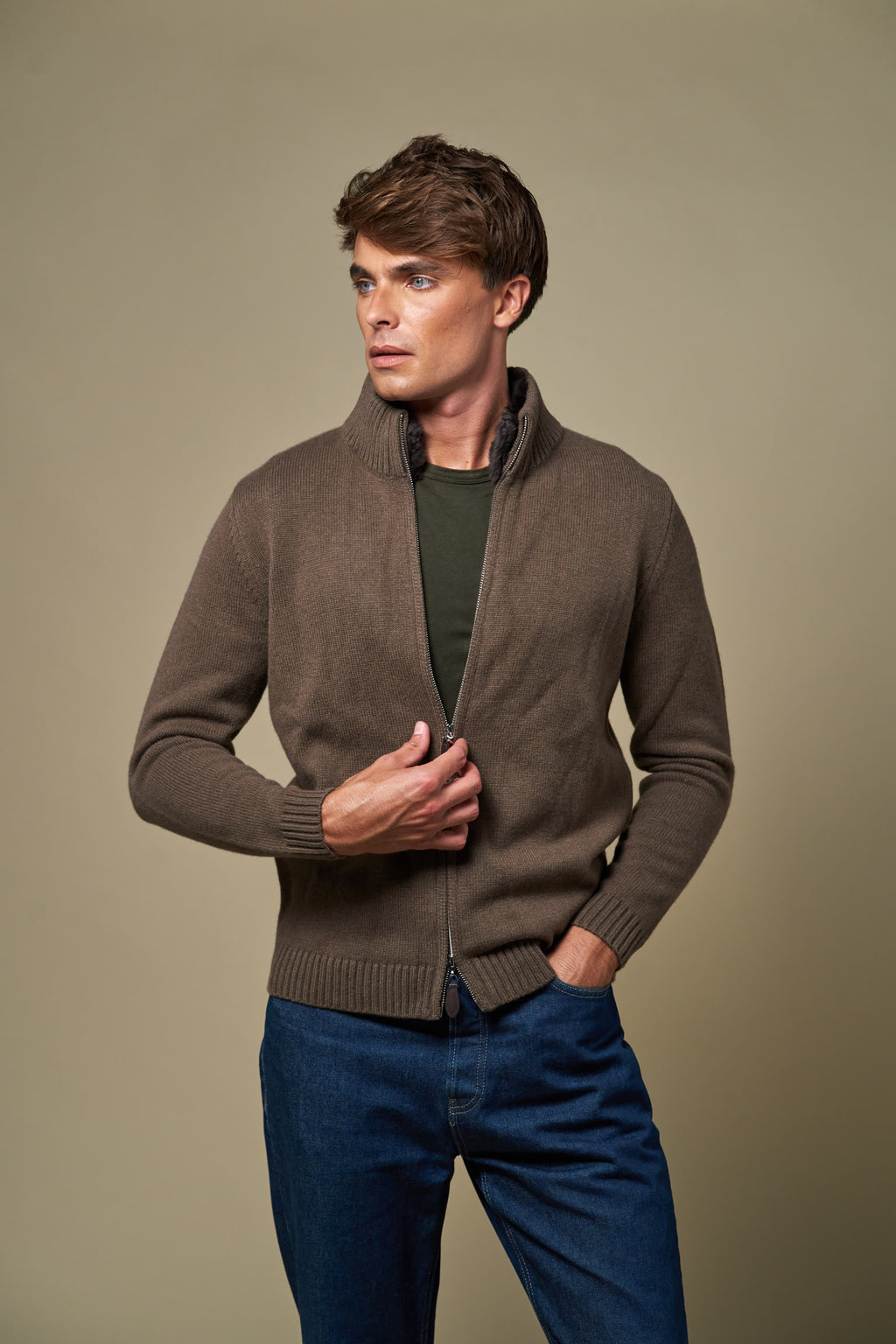 Genuine Fur Collar Cardigan | Tobacco
