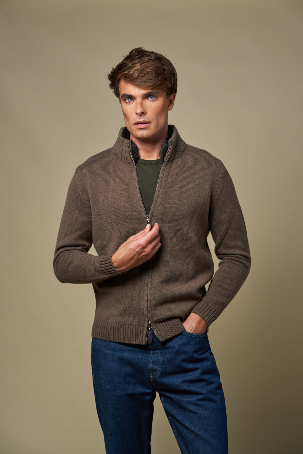 Genuine Fur Collar Cardigan | Tobacco