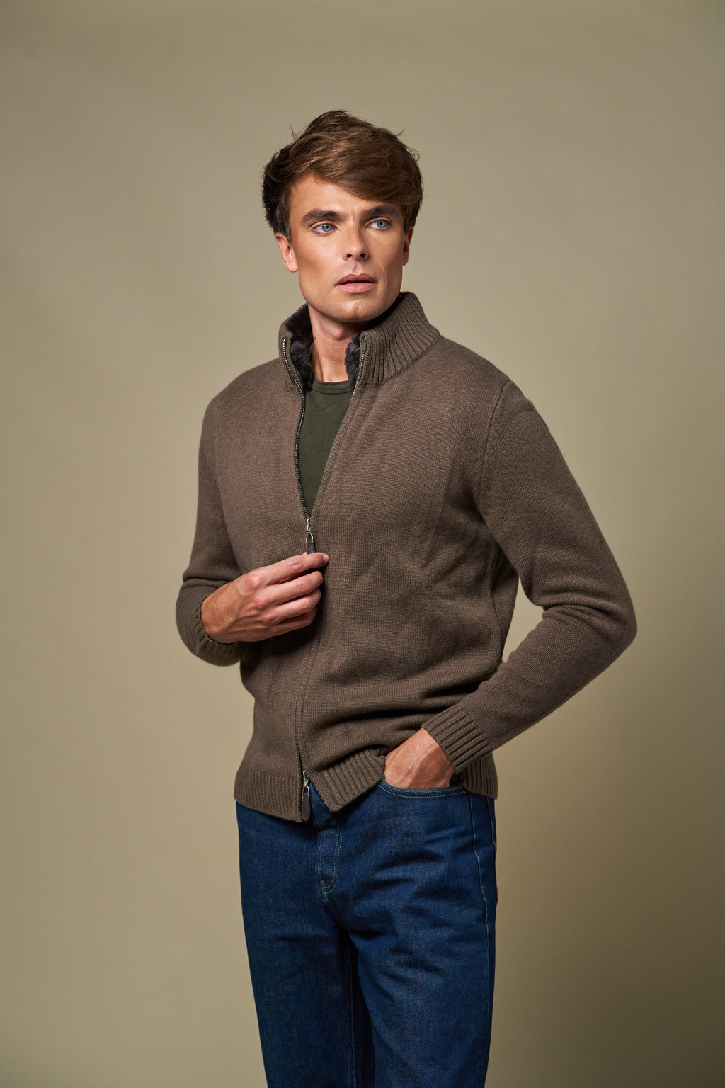 Genuine Fur Collar Cardigan | Tobacco