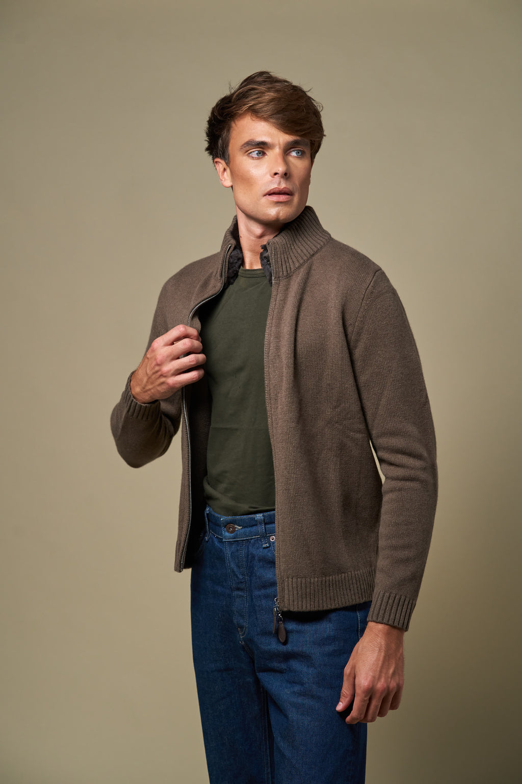 Genuine Fur Collar Cardigan | Tobacco