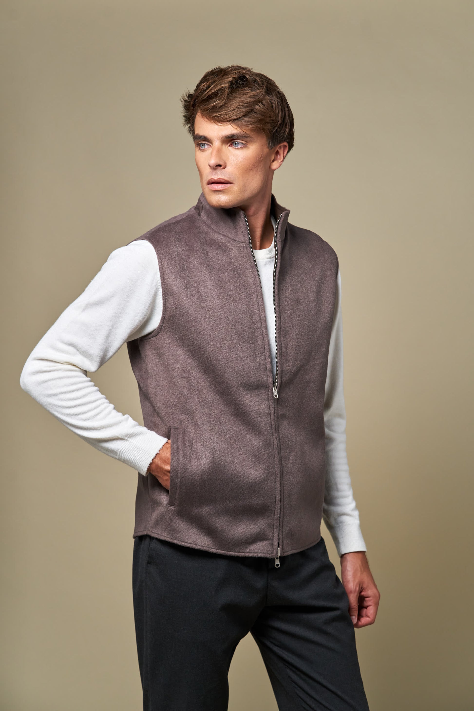 Reversible Wool Gilet | Taupe/Brown