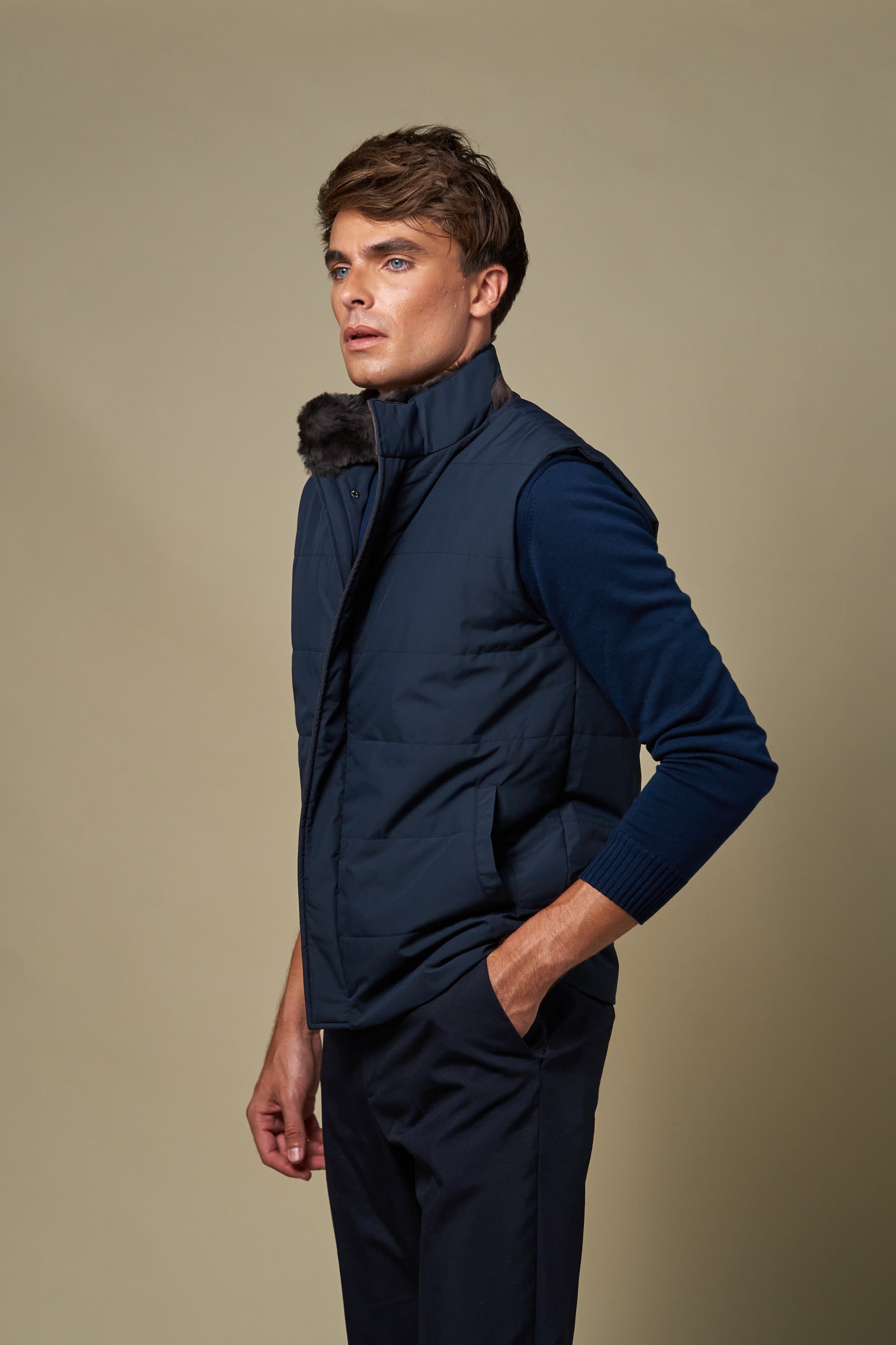 Fur Collar Gilet | Navy