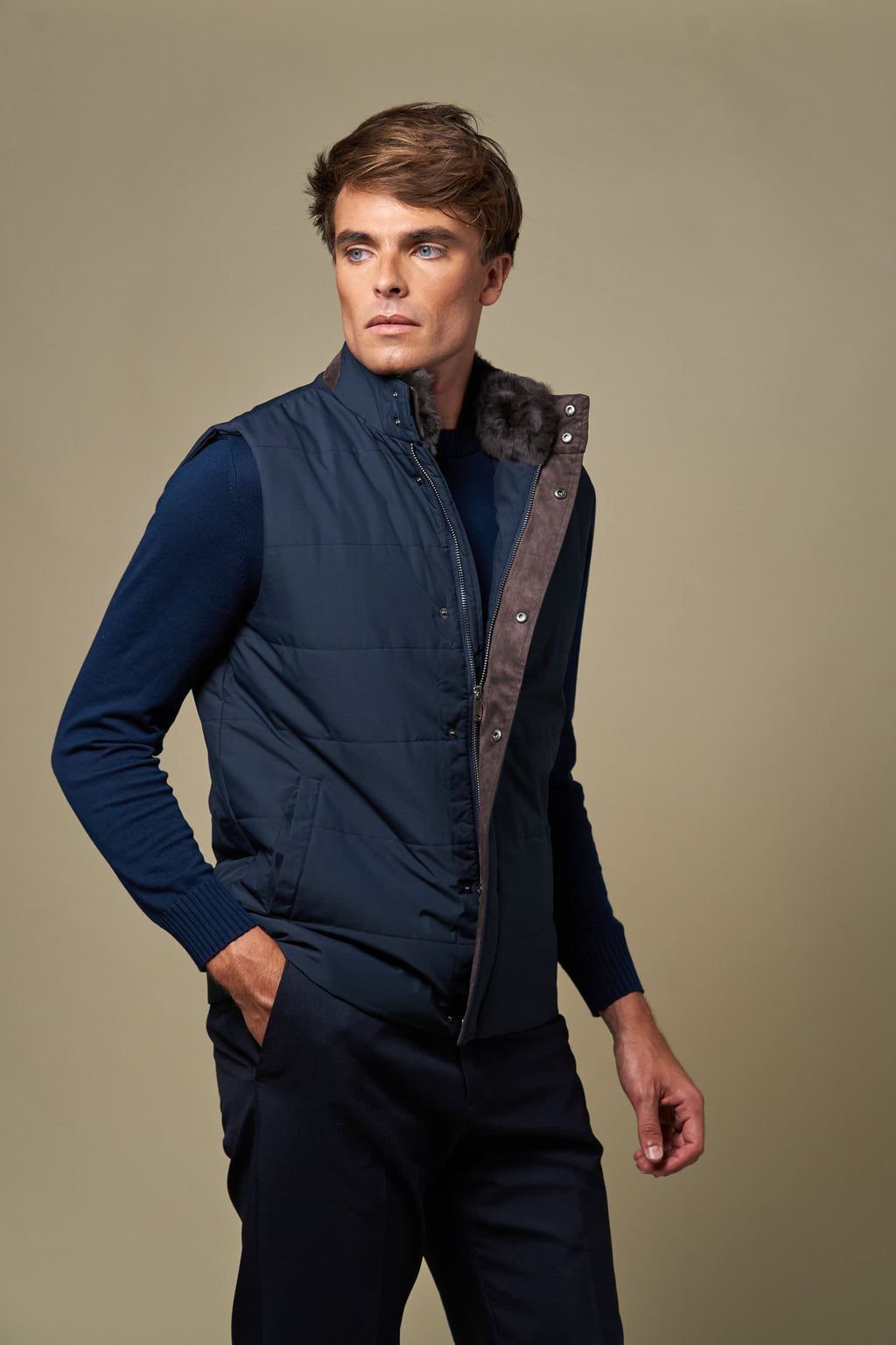 Fur Collar Gilet | Navy