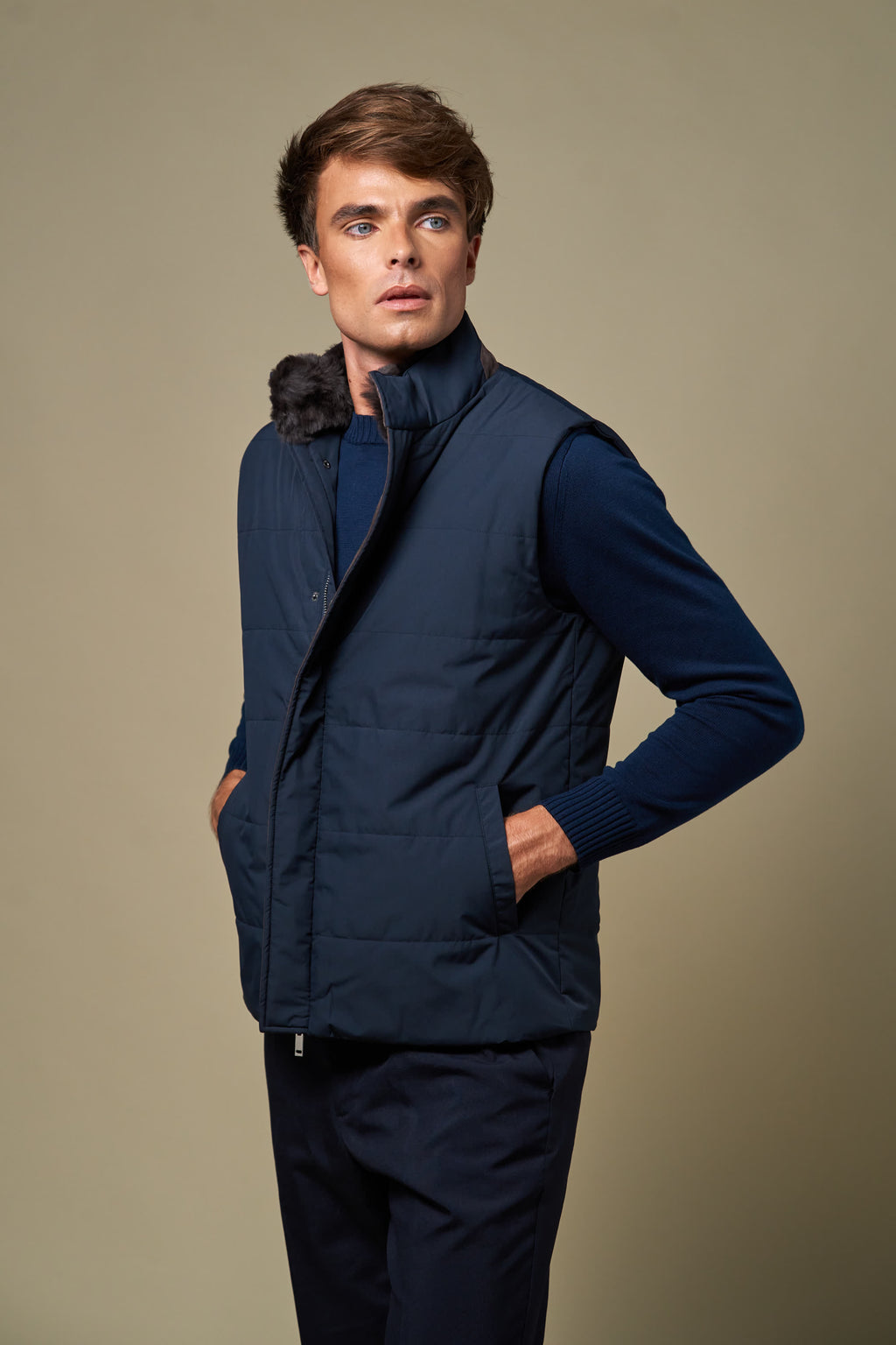 Fur Collar Gilet | Navy