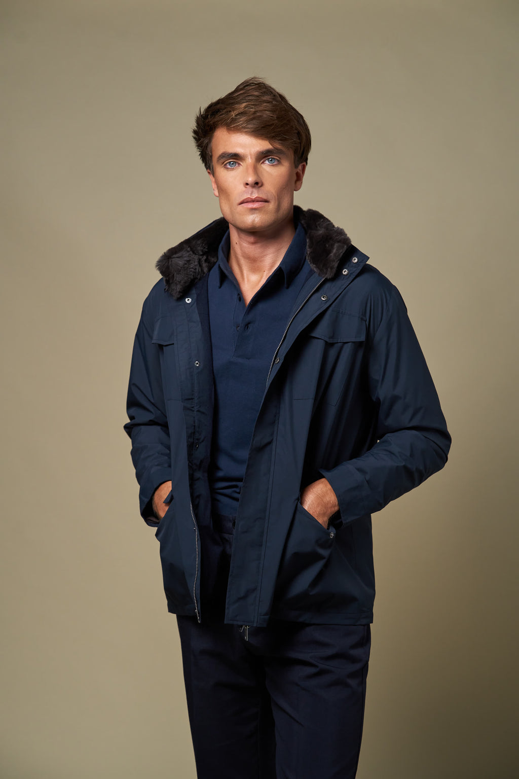 Technical Fur Collar Field Jacket | Navy