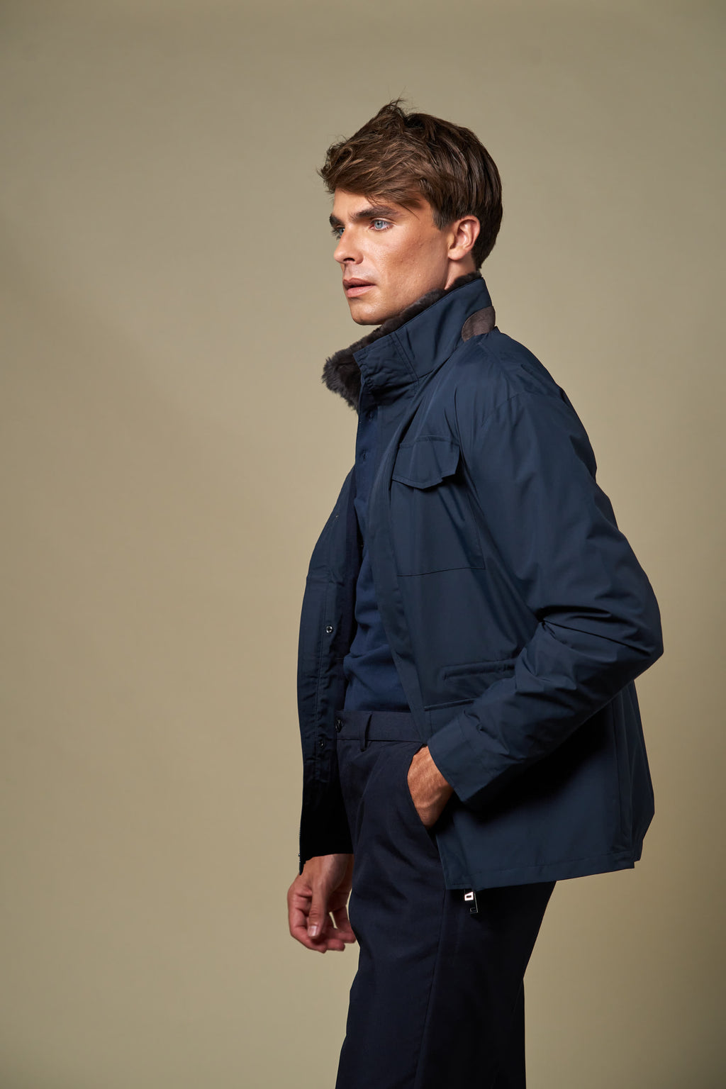 Technical Fur Collar Field Jacket | Navy