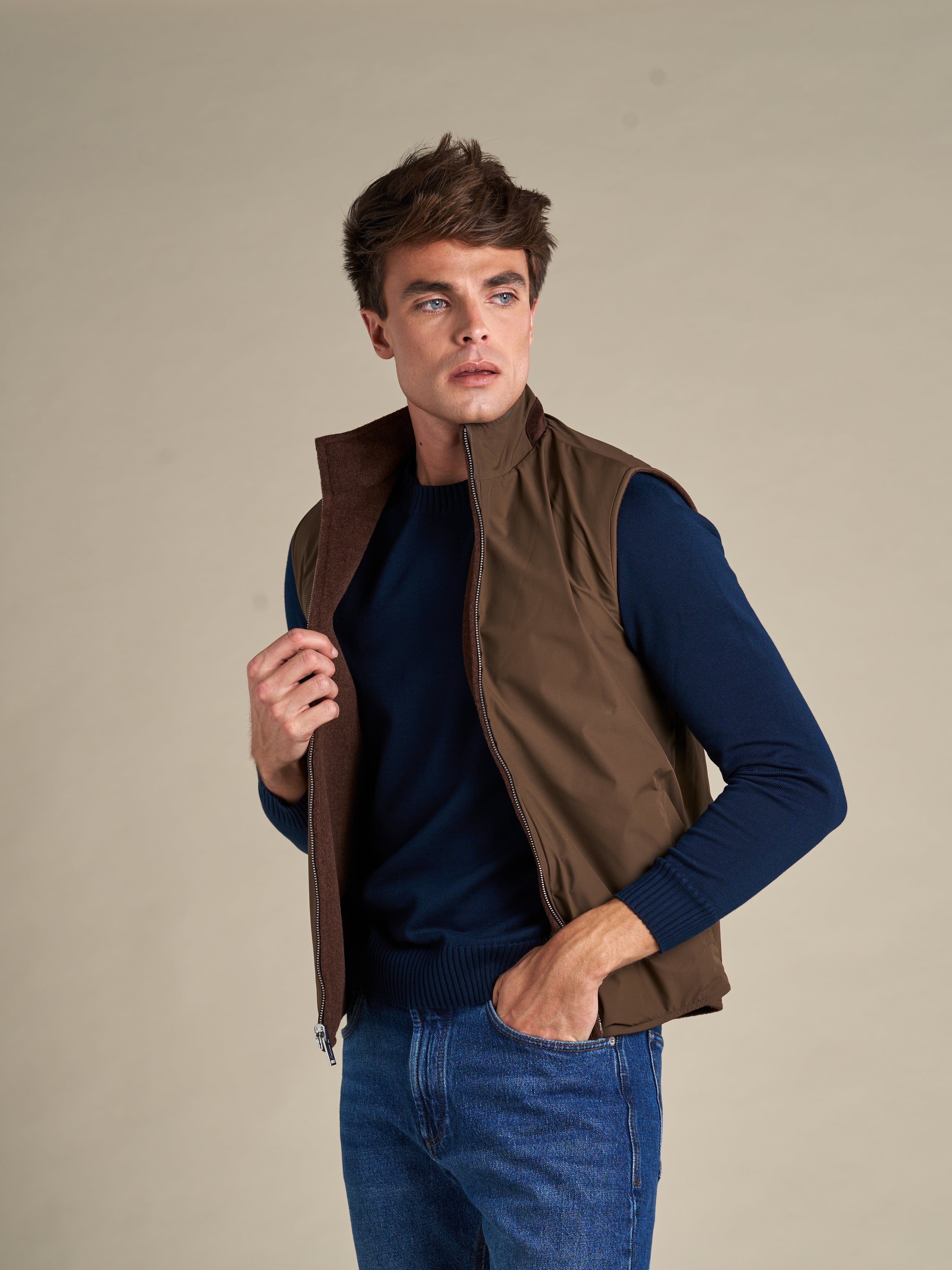 ベスト/ジレ marshmallow wool touch gilet Zip Vest ~ Tobacco Wool/Cashmere – 3sixteen