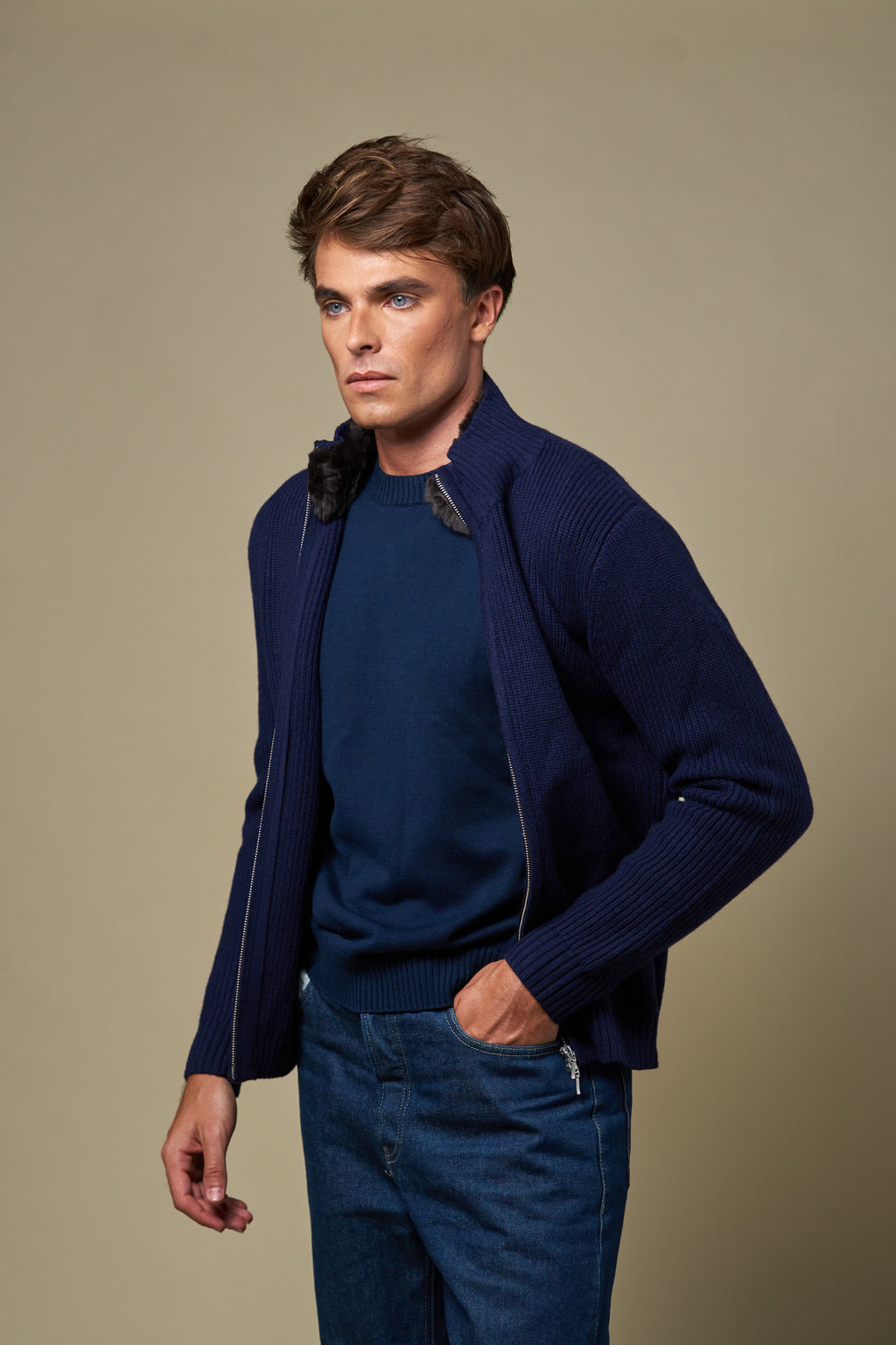 Genuine Fur Collar Blouson | Navy