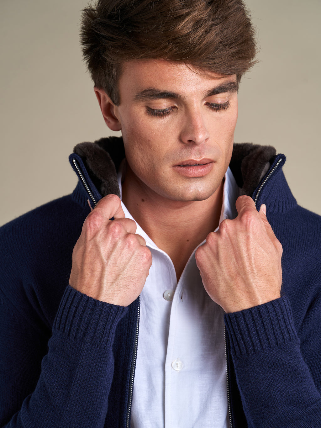 Genuine Fur Collar Cardigan | Navy