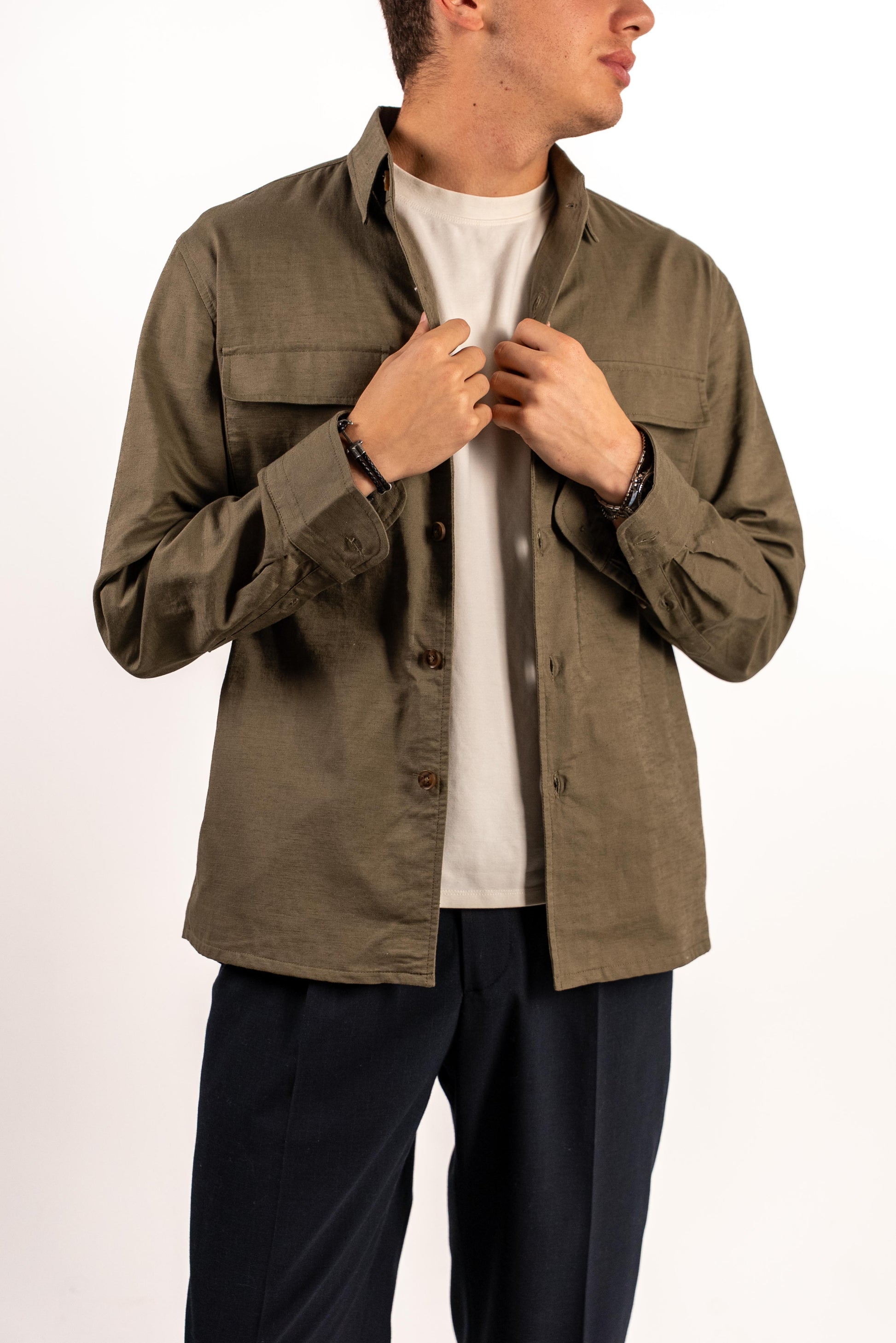 Military Green Linen Overshirt