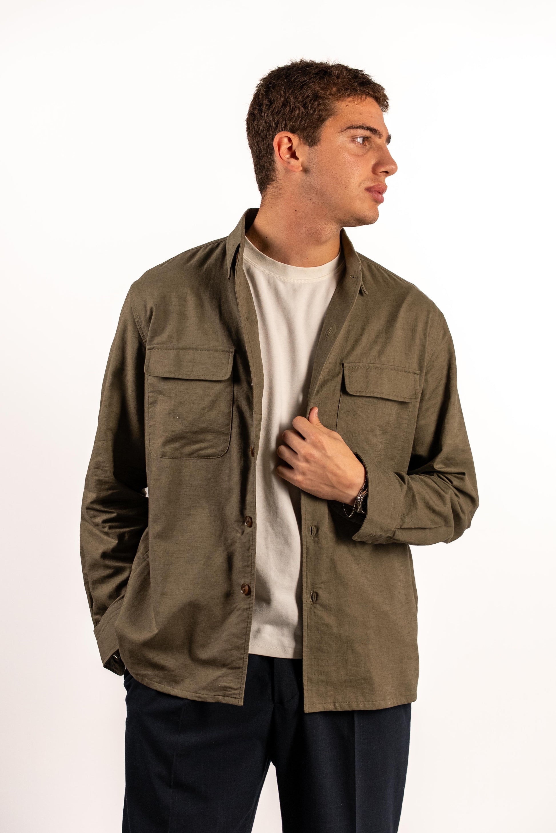 Military Green Linen Overshirt