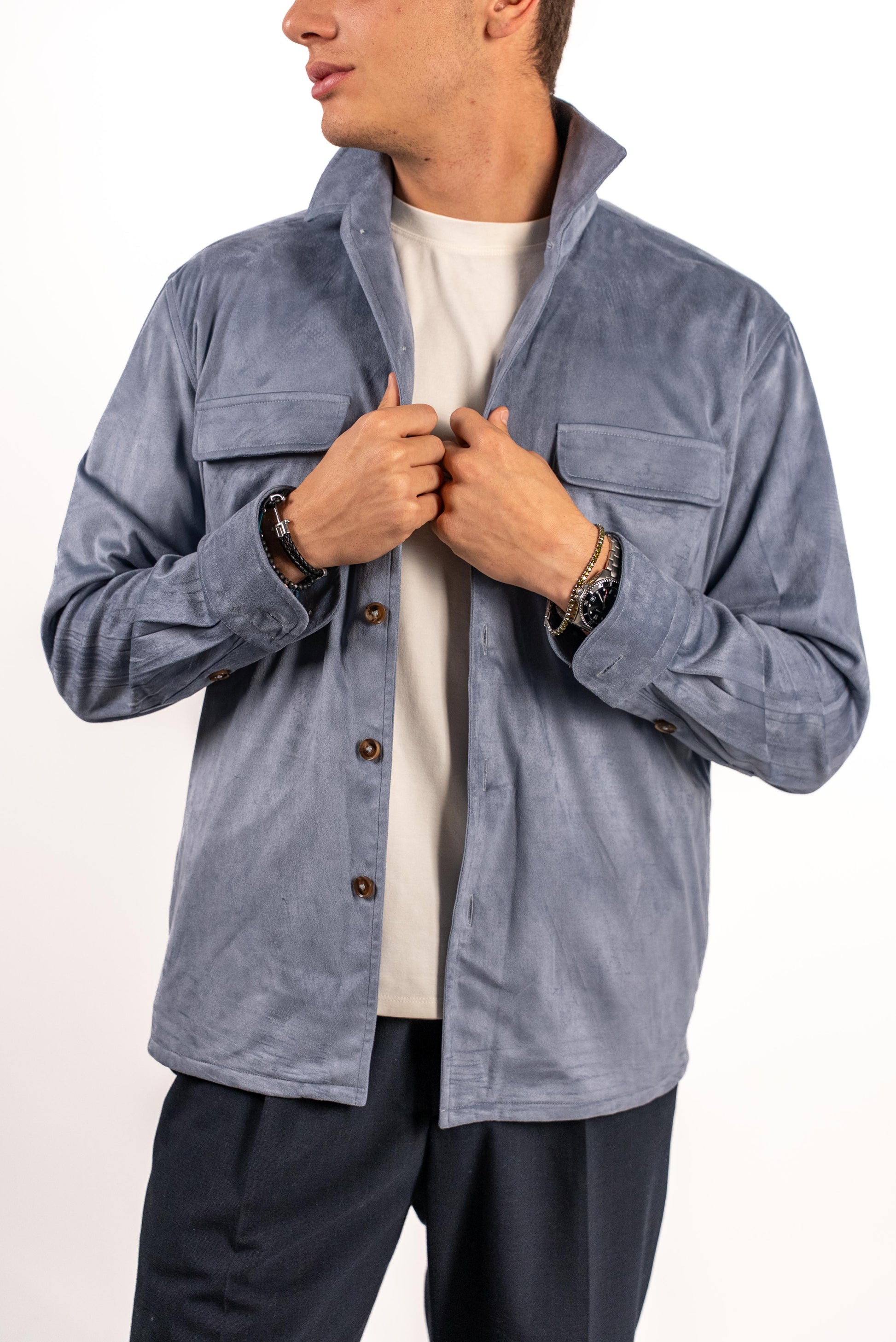 Faux Suede Overshirt | Sky Blue