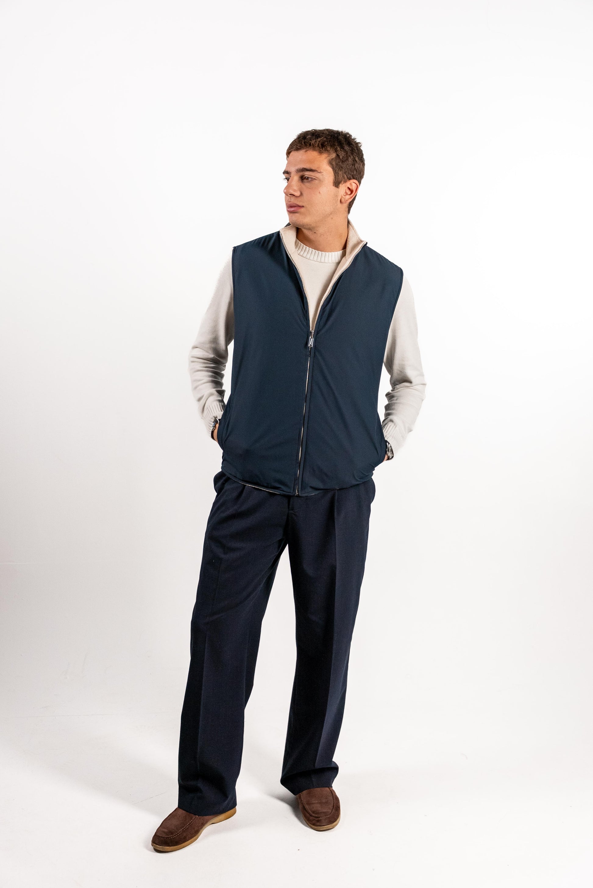 Reversible Wool Gilet | Beige/Navy