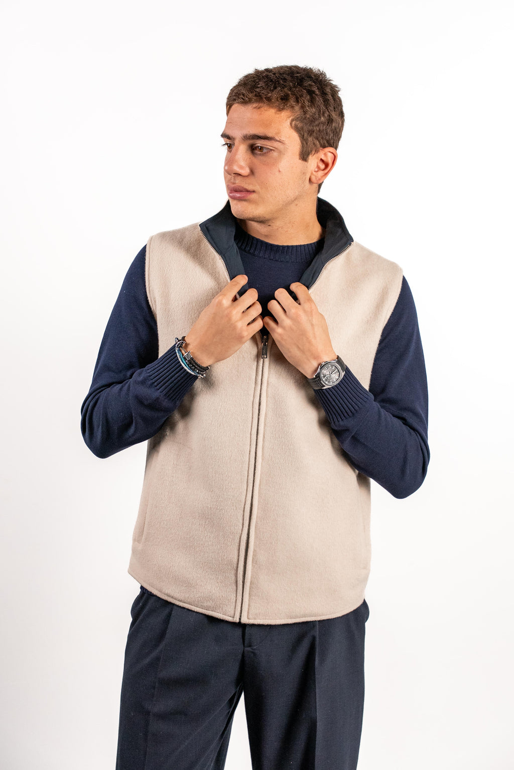 Reversible Wool Gilet | Beige/Navy
