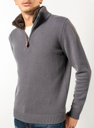 Fur Collar Half-Zip  | Dark Grey