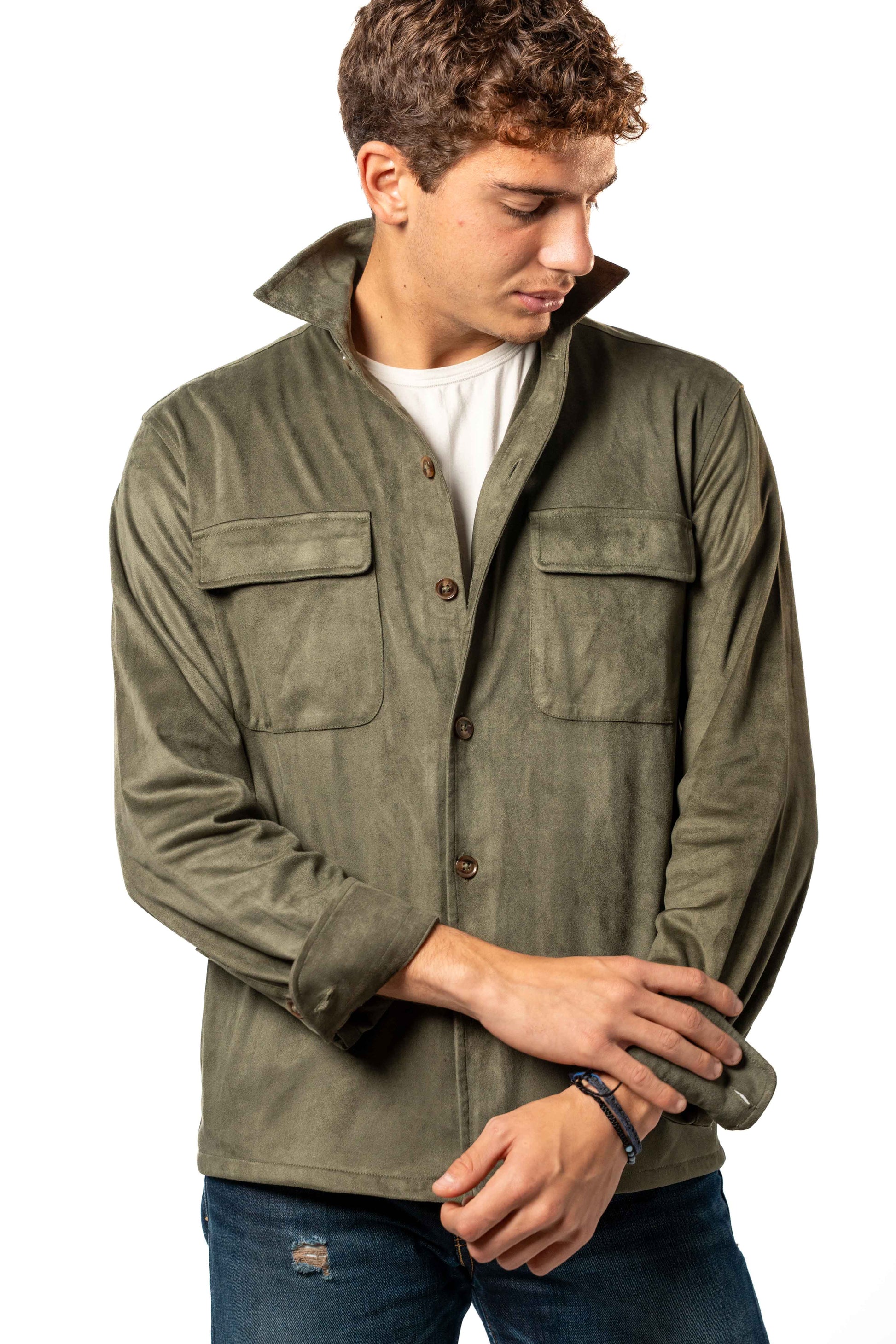 Faux Suede Overshirt | Khaki Green