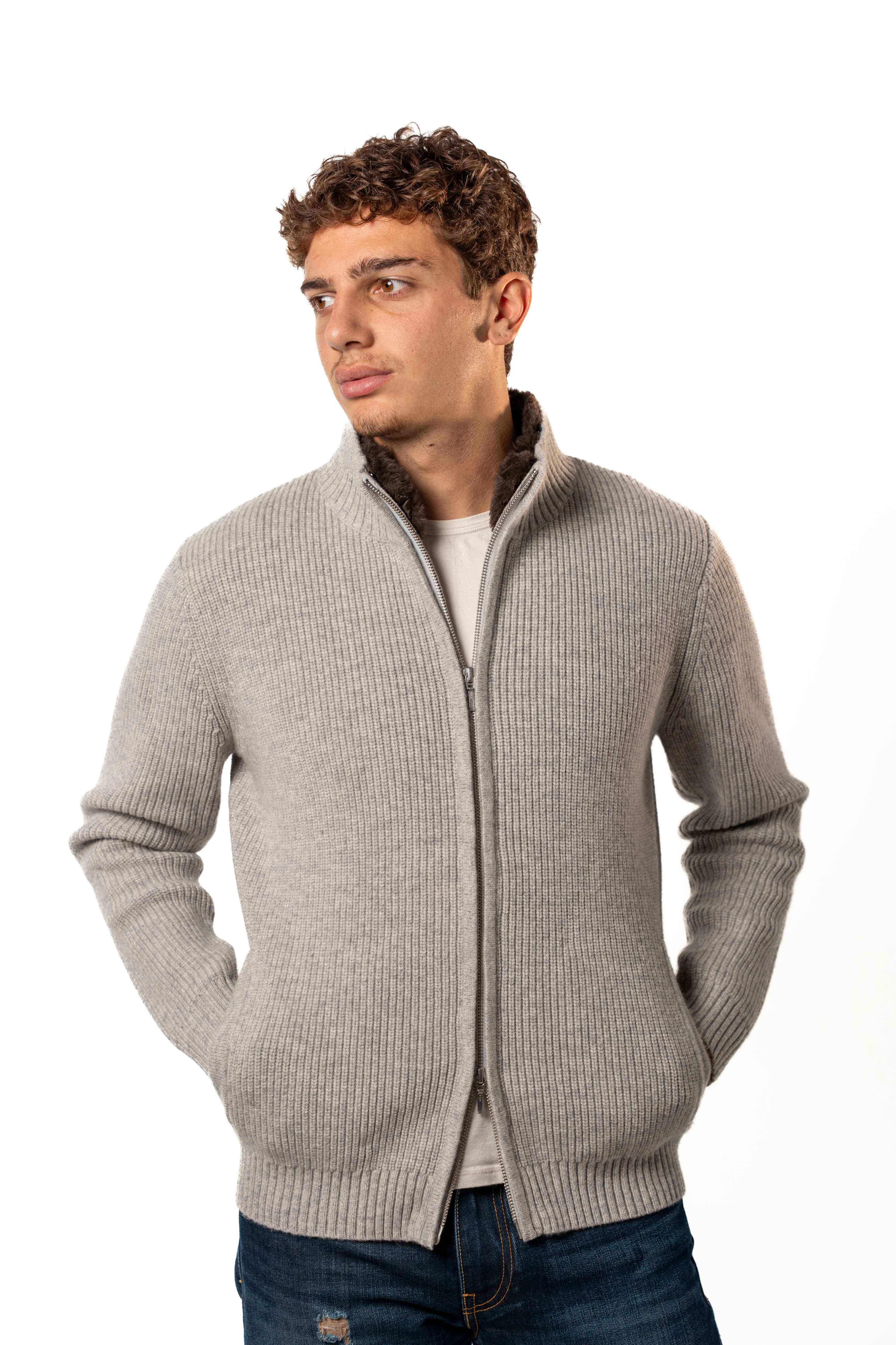Grey Fur Lined Wool Cardigan – Sothiares