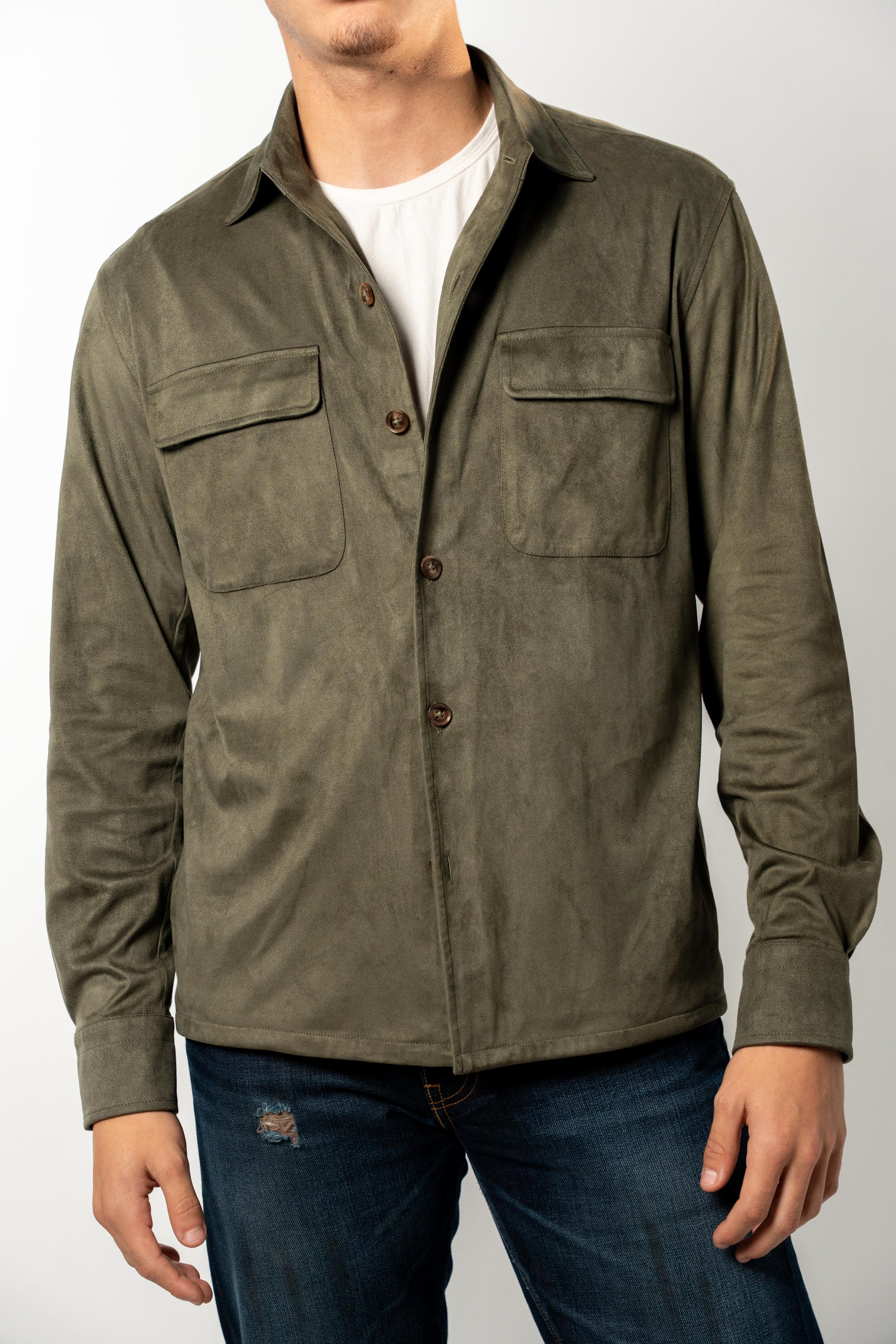 Faux Suede Overshirt | Khaki Green