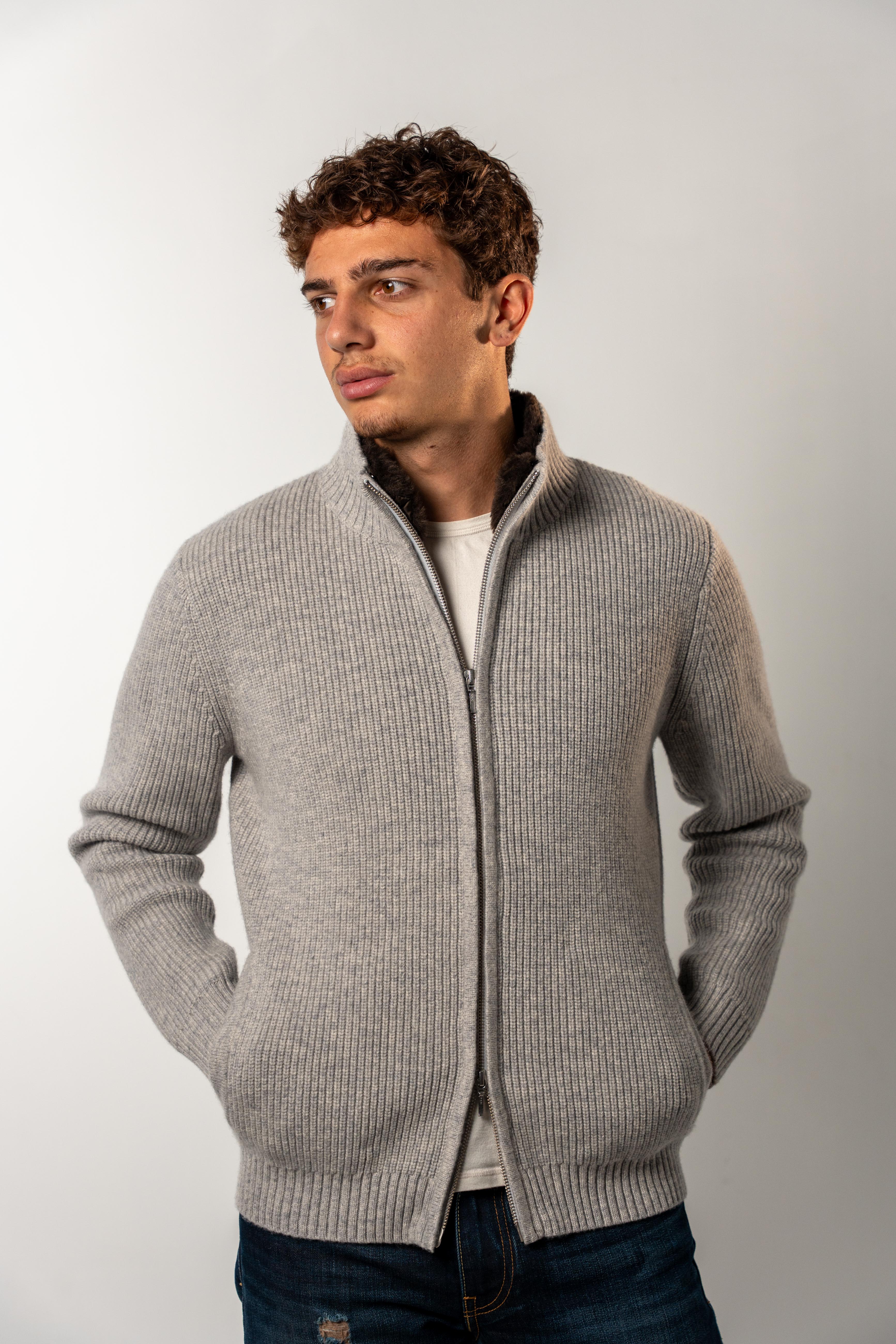 Grey Fur Lined Wool Cardigan – Sothiares