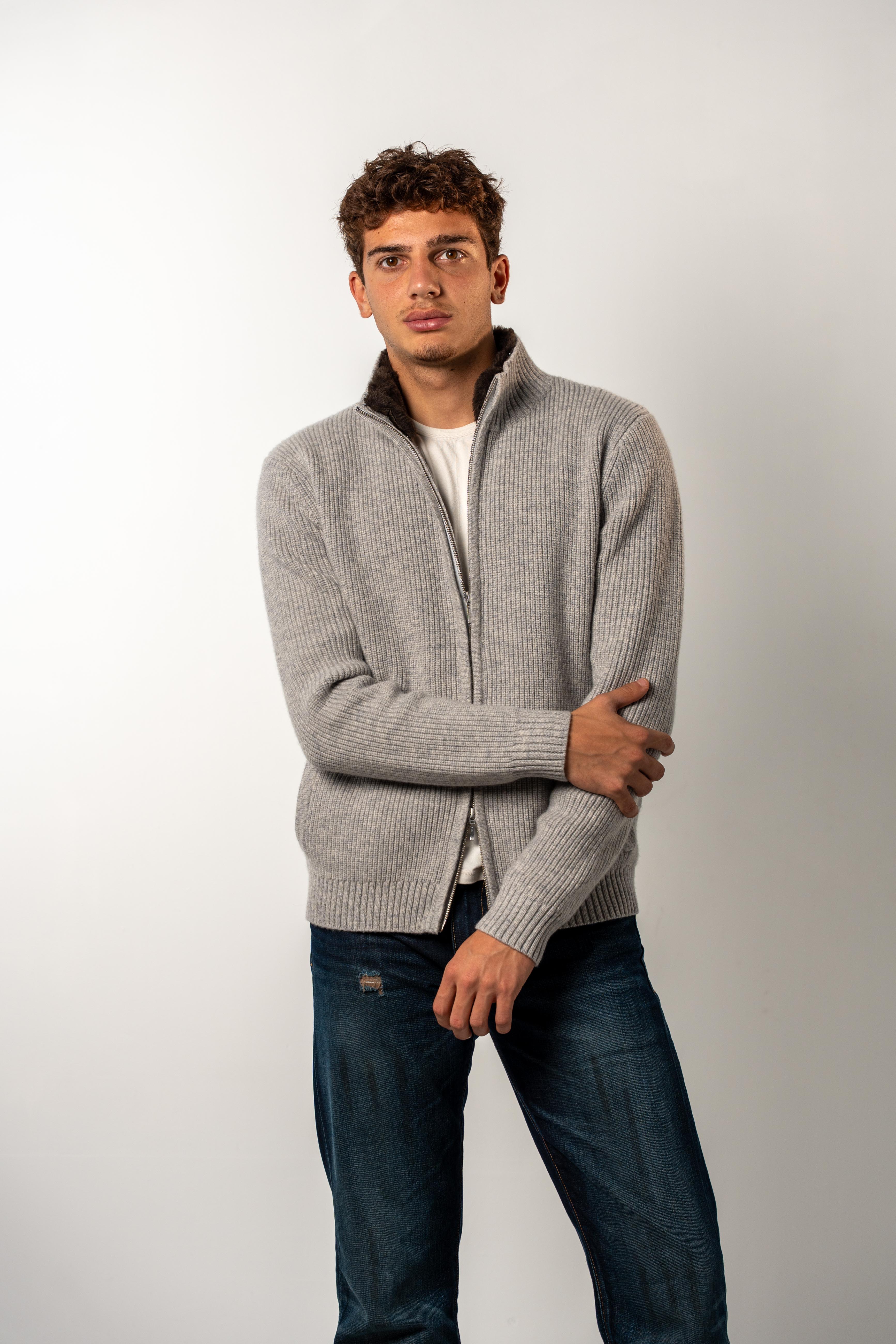 Grey Fur Lined Wool Cardigan – Sothiares