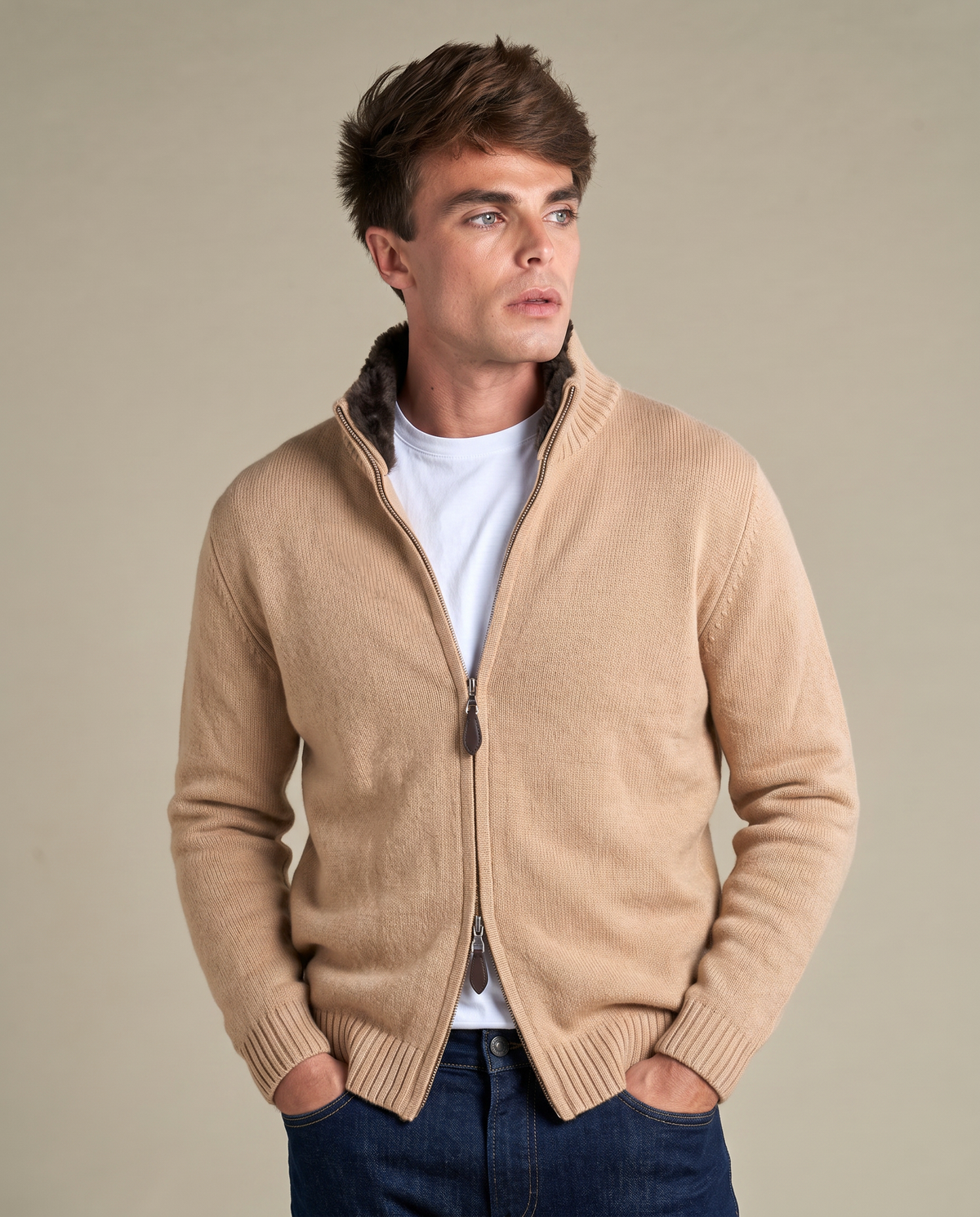 Genuine Fur Collar Cardigan | Sand