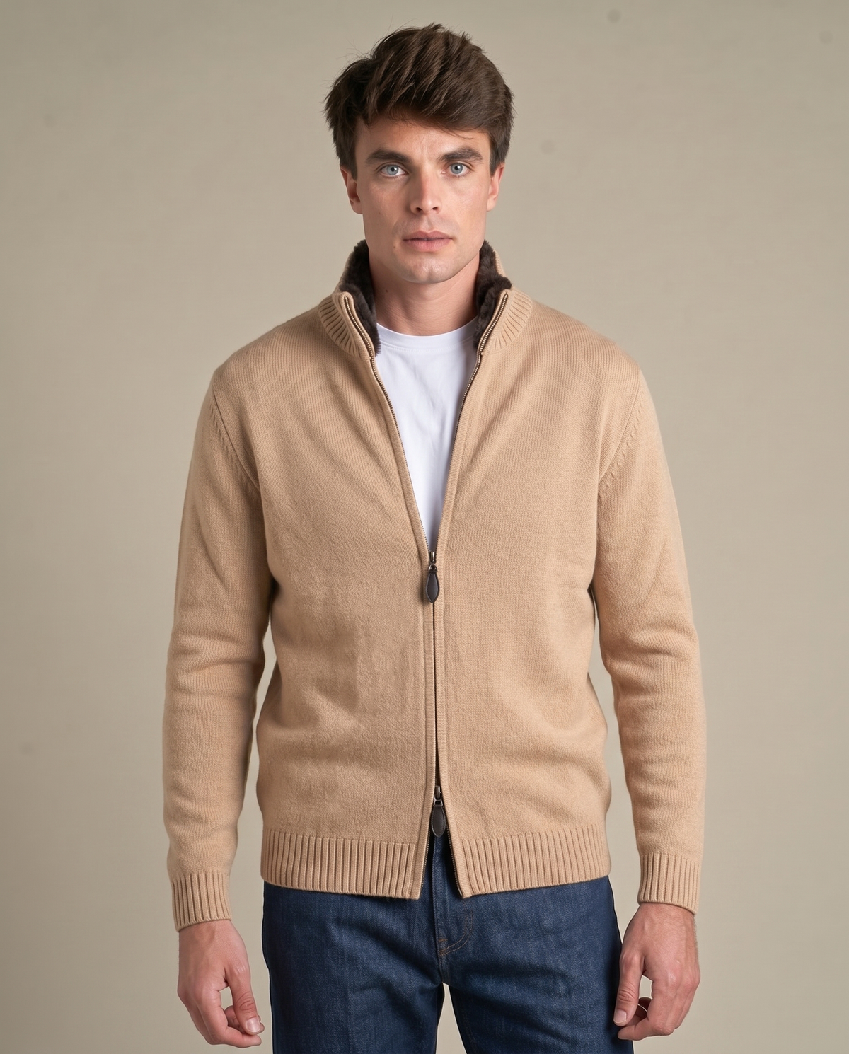 Genuine Fur Collar Cardigan | Sand