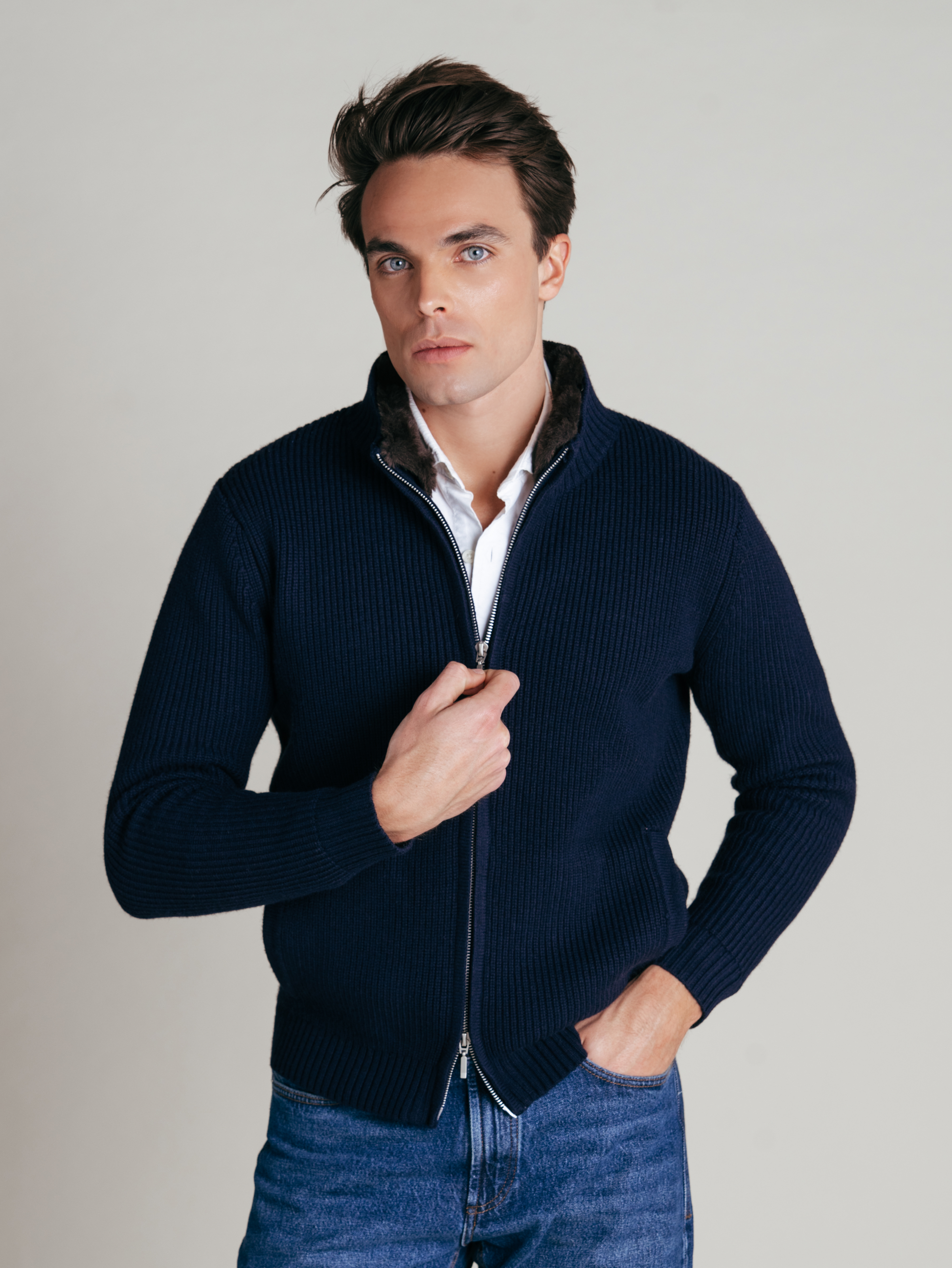 Navy Fur Lined Cardigan – Sothiares