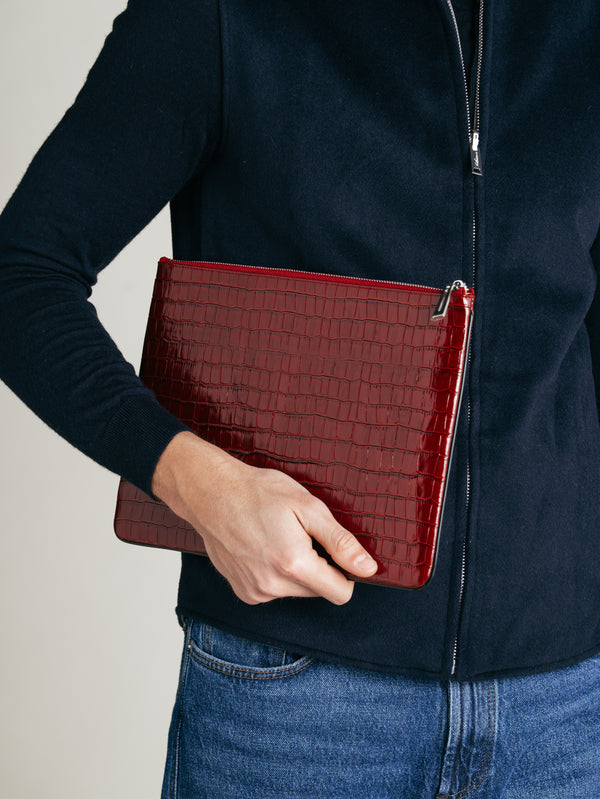 Crocodile Embossed Pouch | Burgundy