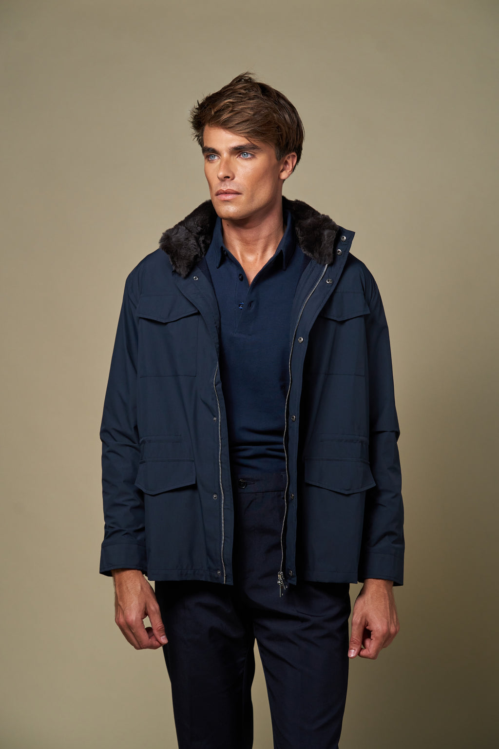Technical Fur Collar Field Jacket | Navy
