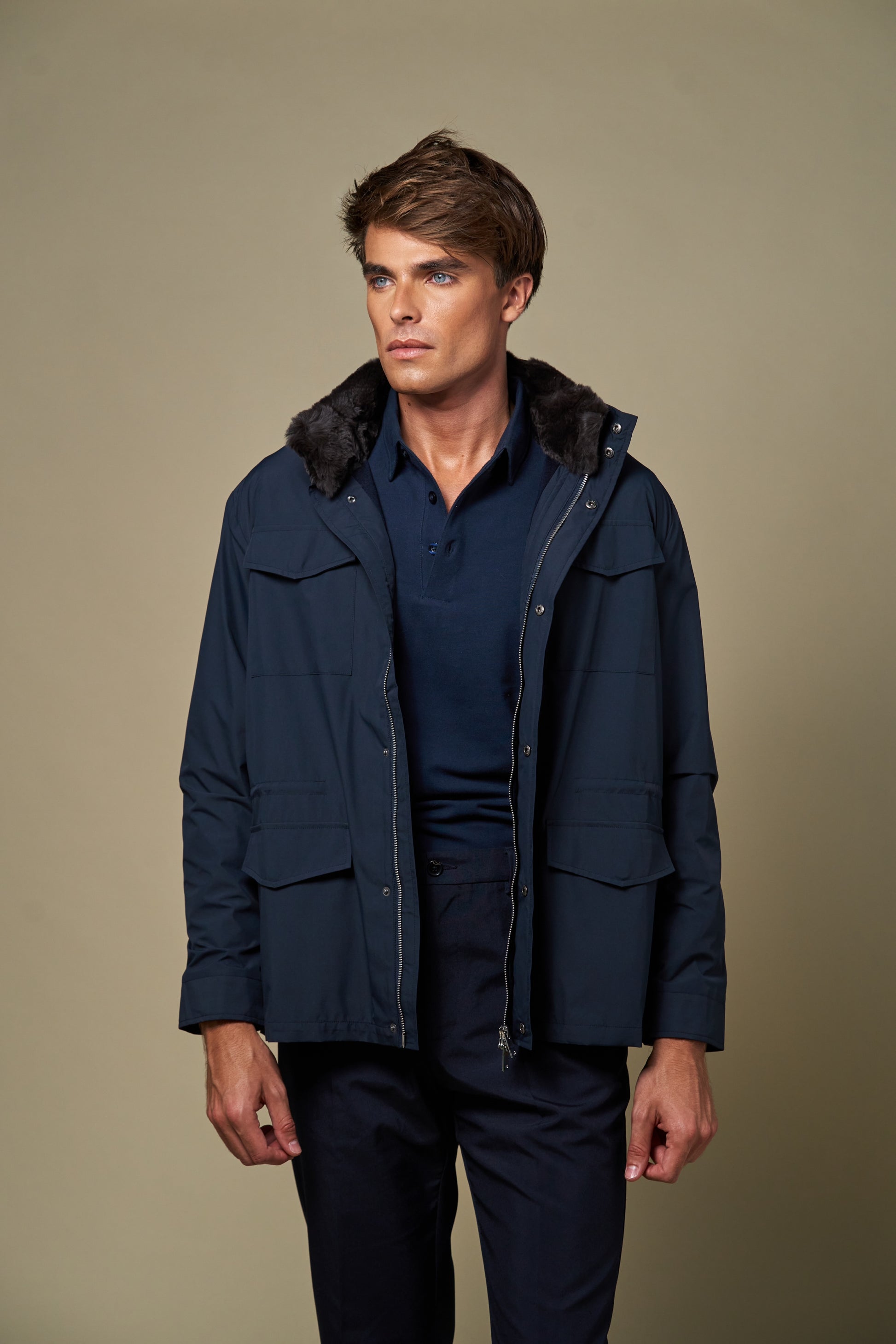 Technical Fur Collar Field Jacket | Navy