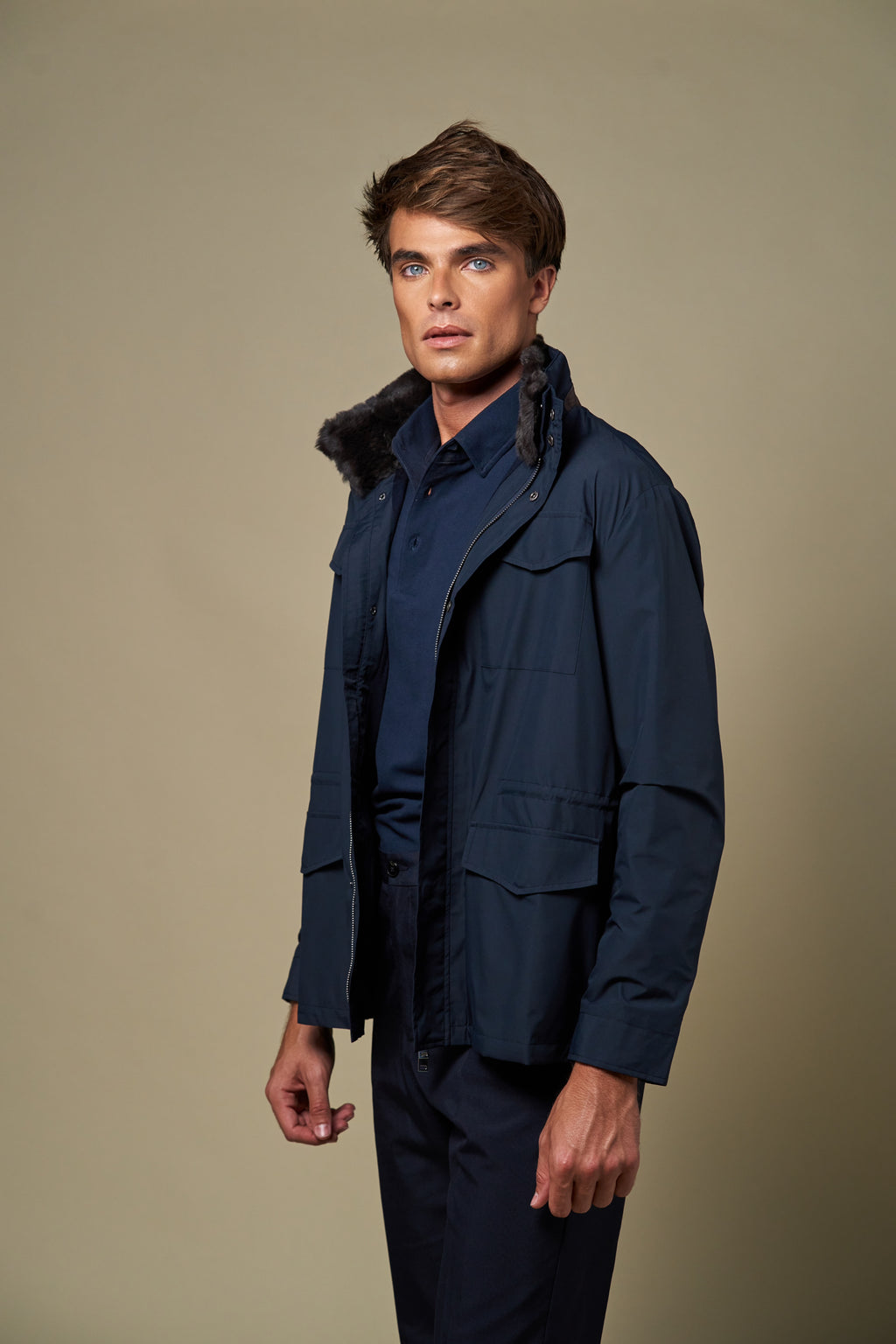 Technical Fur Collar Field Jacket | Navy