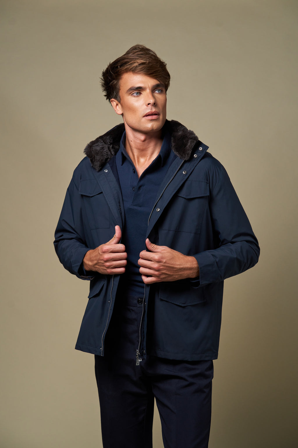 Technical Fur Collar Field Jacket | Navy