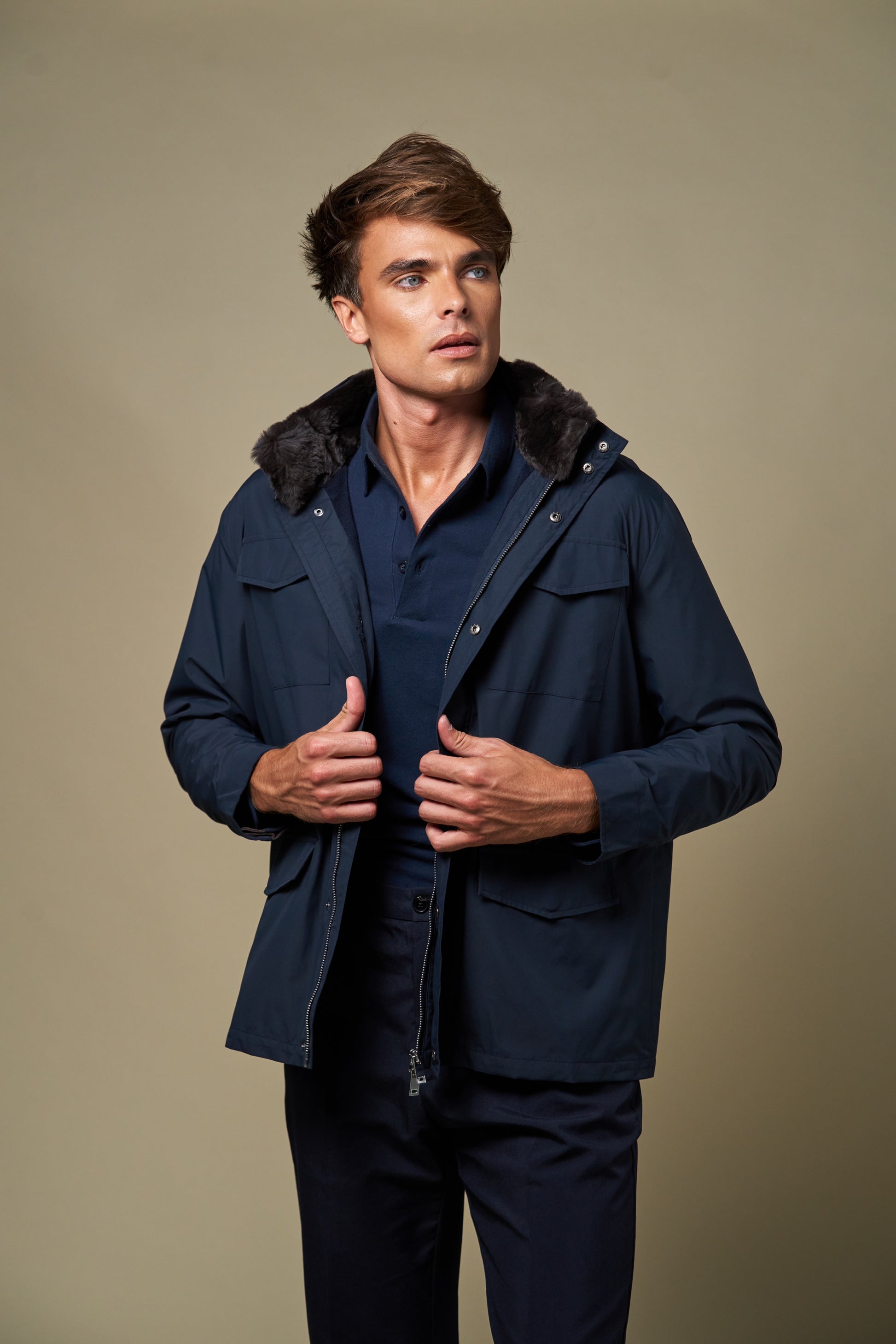 Technical Fur Collar Field Jacket | Navy