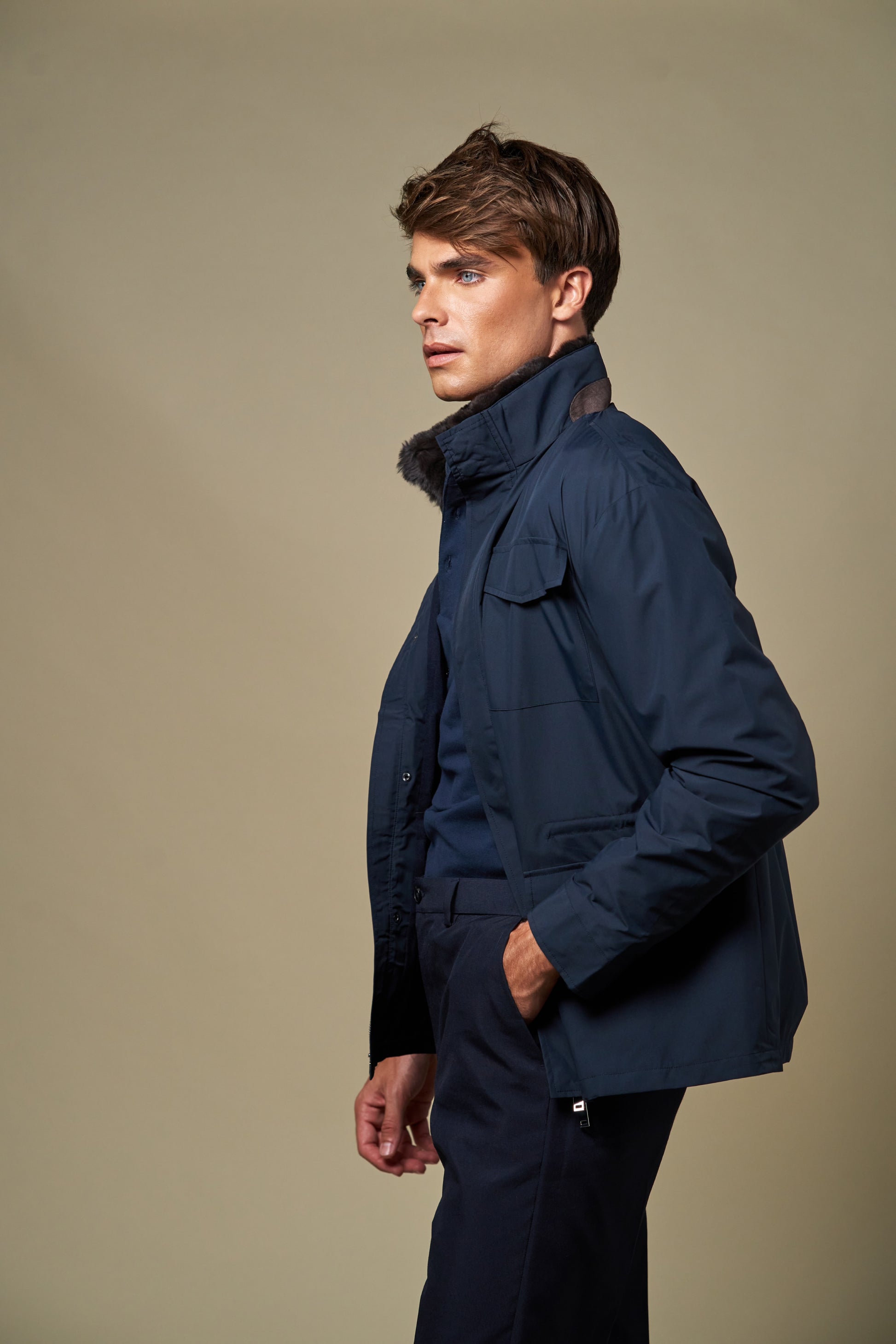 Technical Fur Collar Field Jacket | Navy